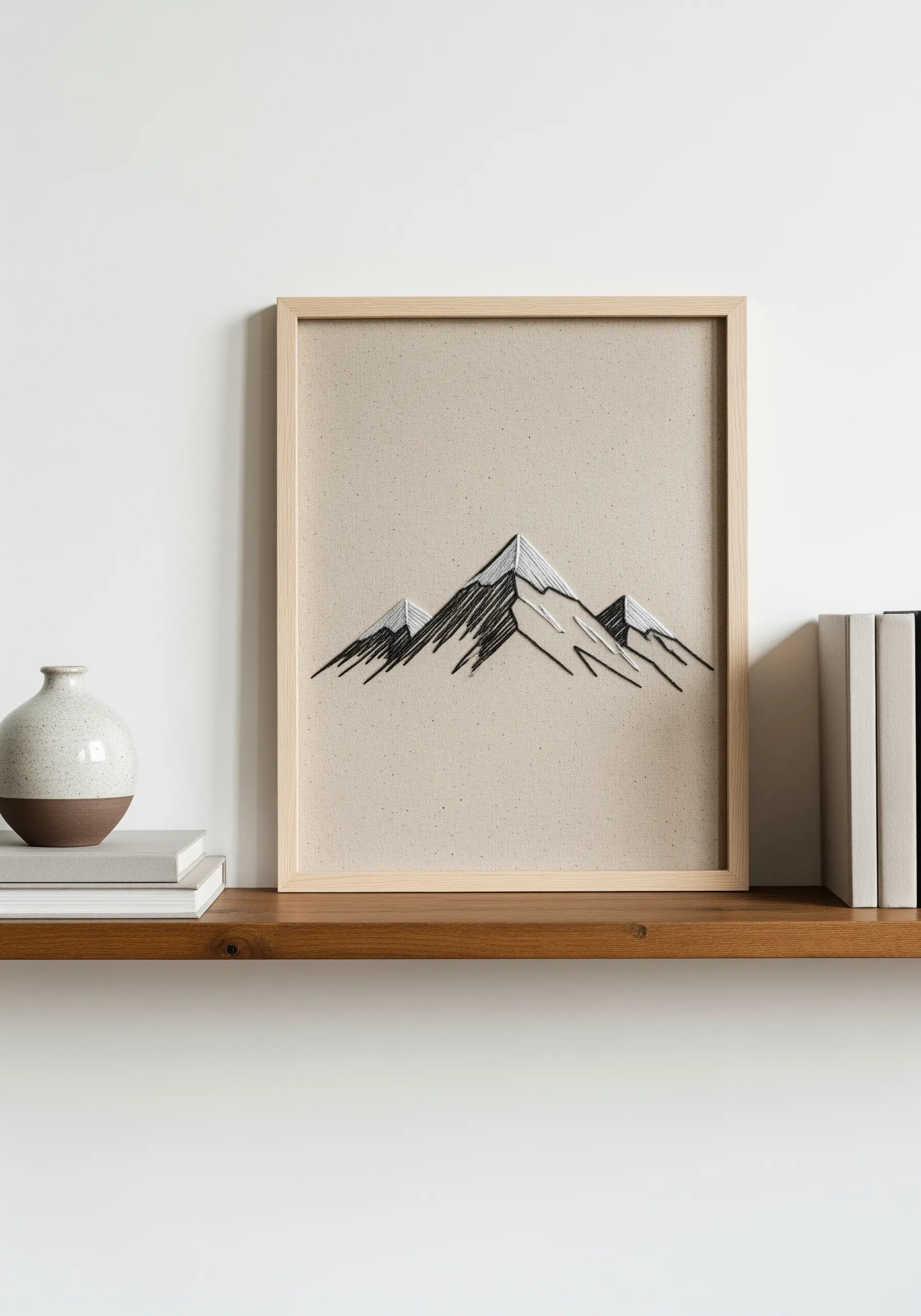 Minimalist embroidered mountain range using black, grey, and white thread on beige fabric.