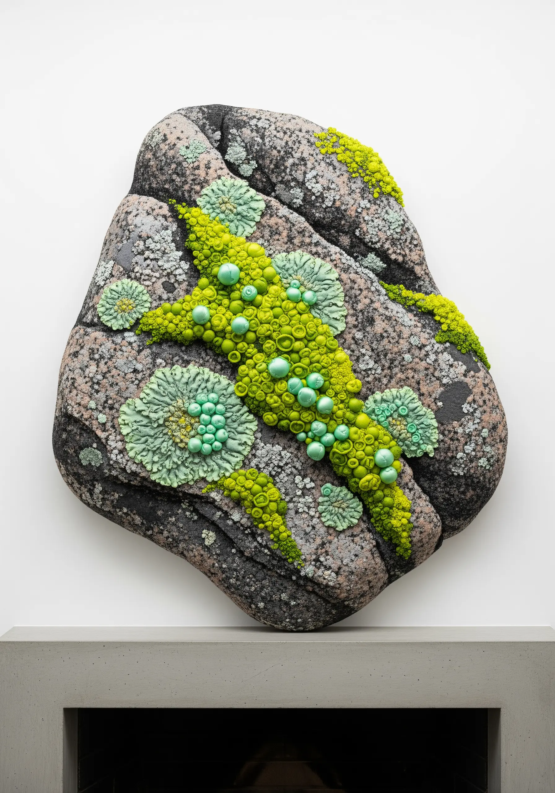 A sculptural piece of a rock covered in vibrant green and blue beaded lichen.