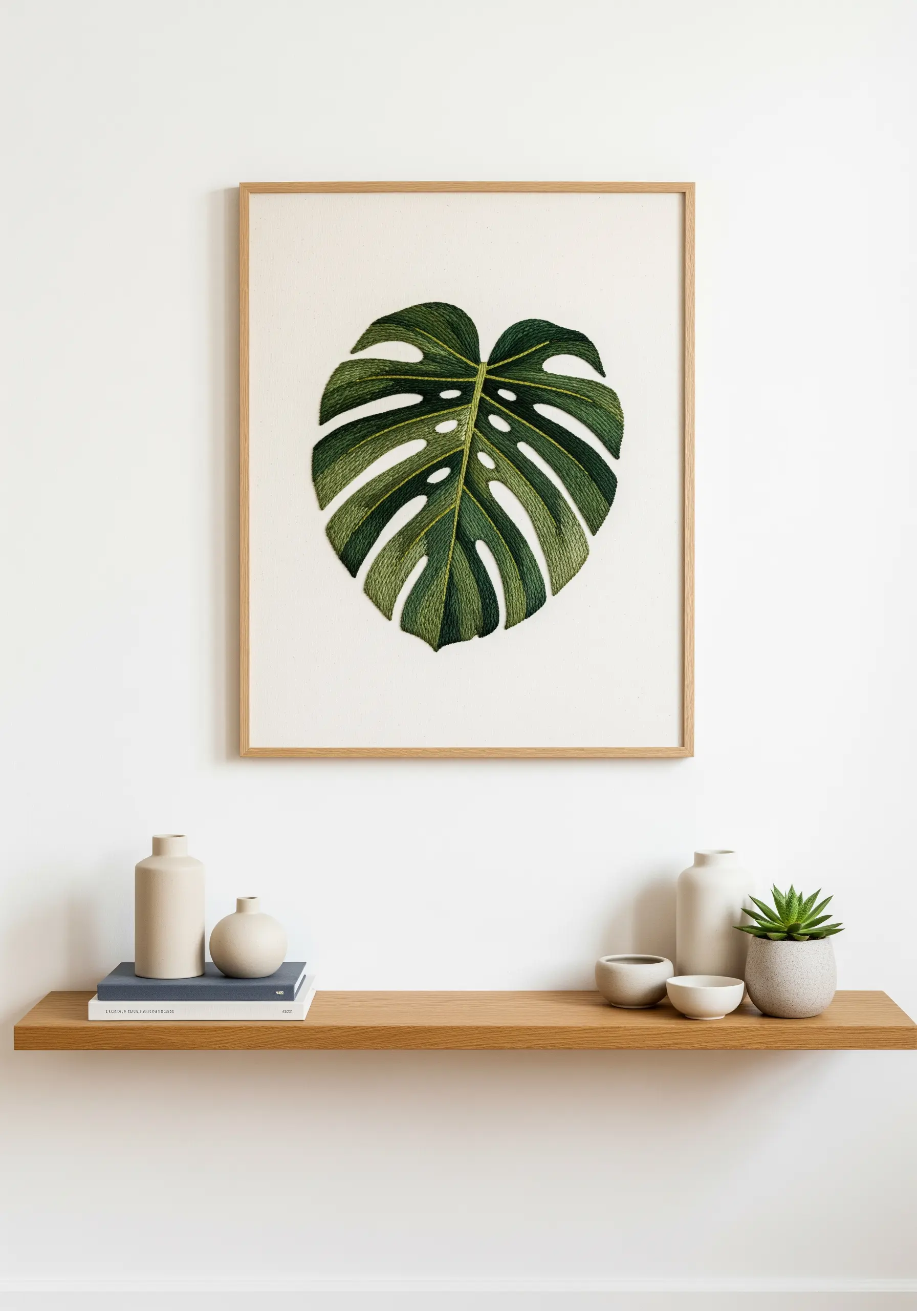 A single Monstera leaf with directional long-and-short stitch creating a realistic texture.