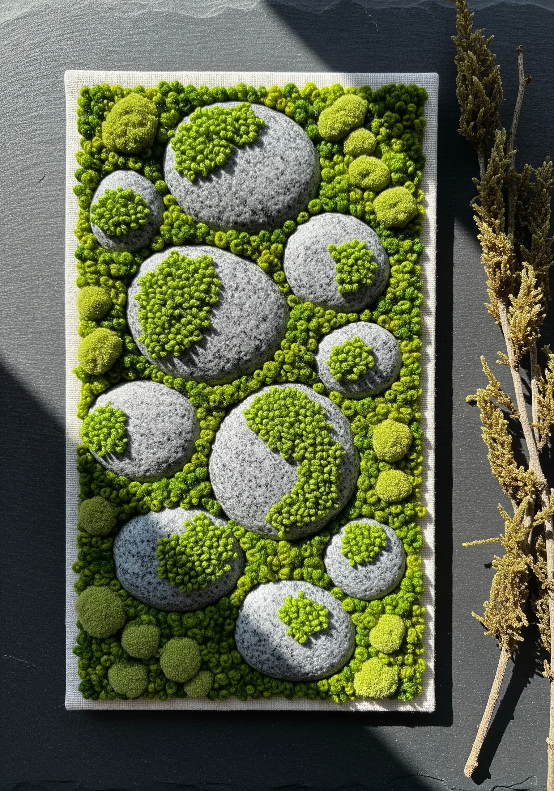 Dimensional embroidery of mossy stones using green French knots over grey felt appliqué.