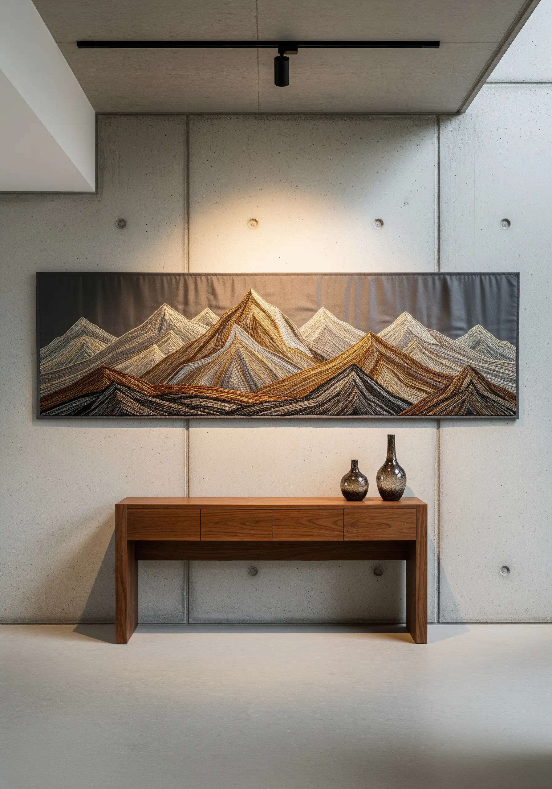 A panoramic mountain landscape embroidered with metallic threads in gold, silver, and bronze tones.
