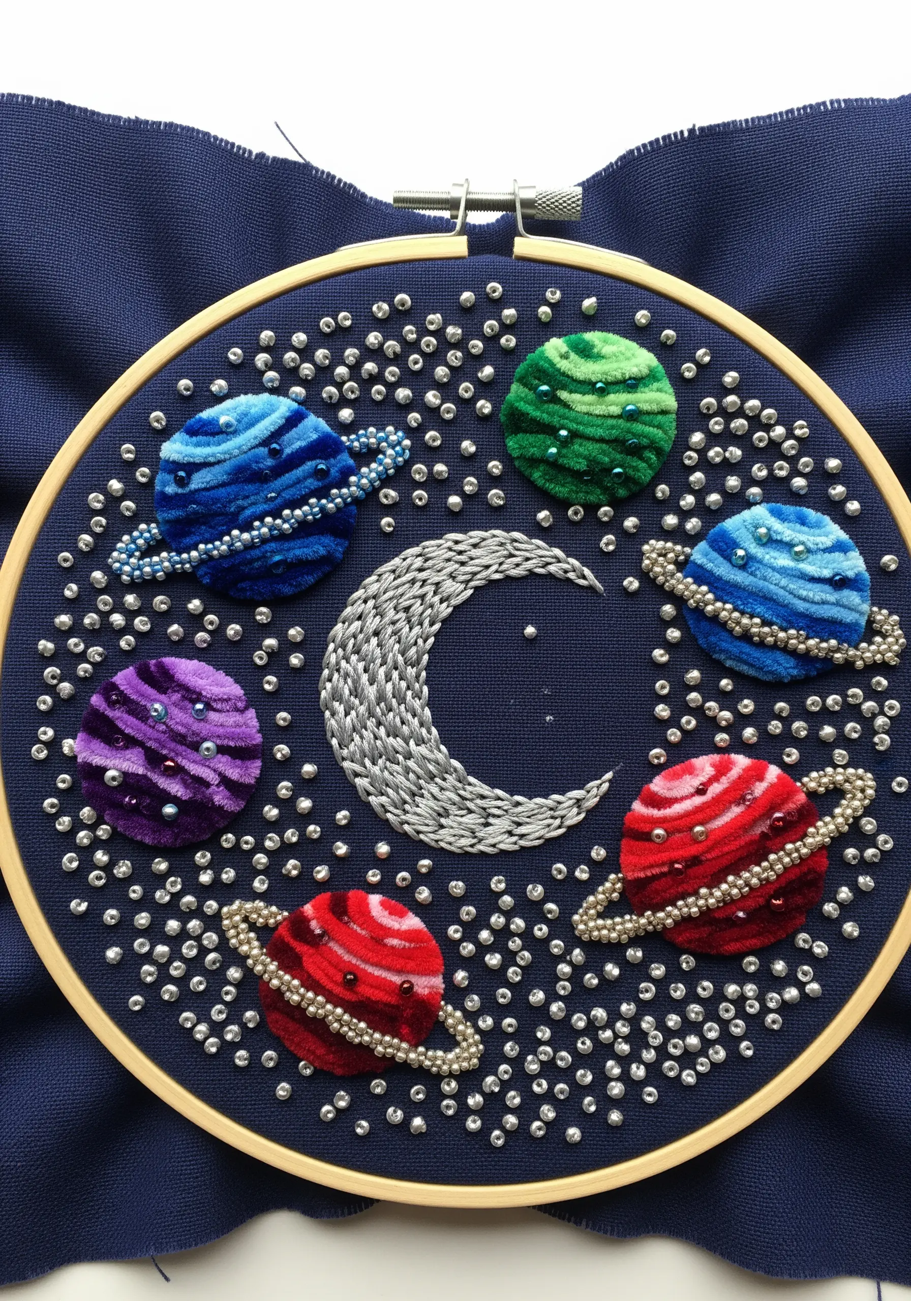 Embroidered planets with raised satin stitch and beaded rings on navy blue fabric.
