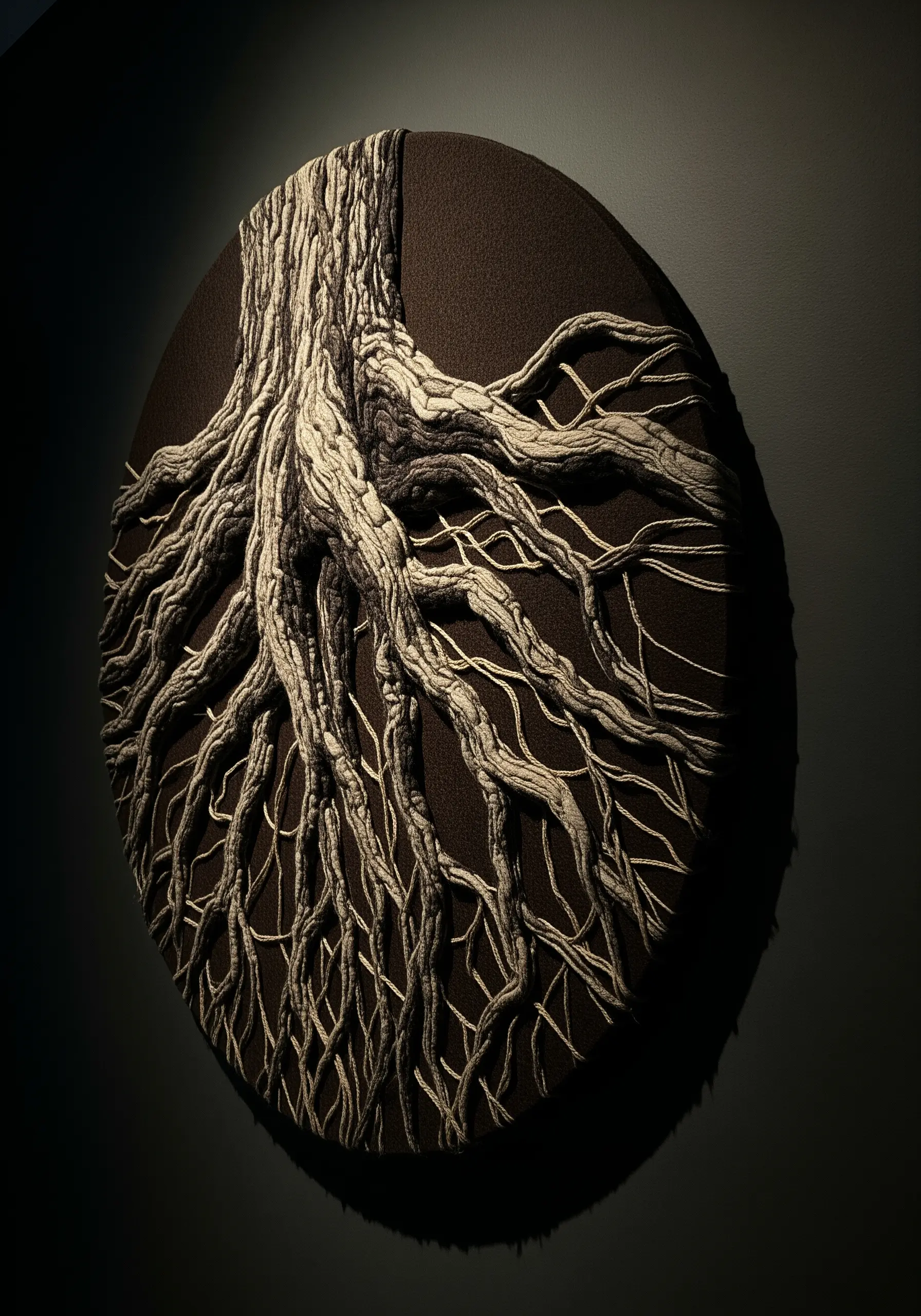 High-relief embroidery of gnarled tree roots on a dark circular canvas, creating a dramatic 3D effect.