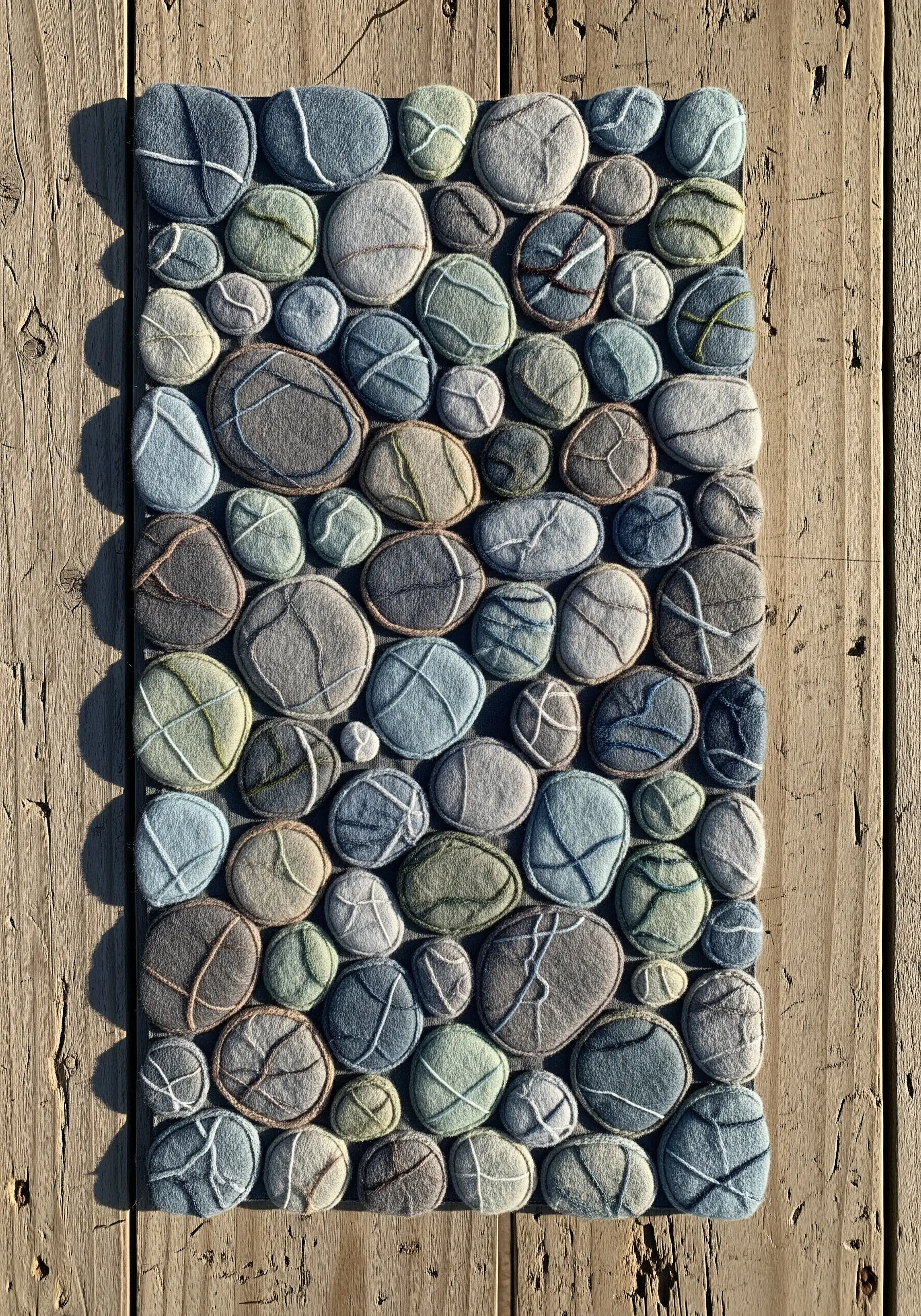 3D textile art of smooth, embroidered river stones made from felt.
