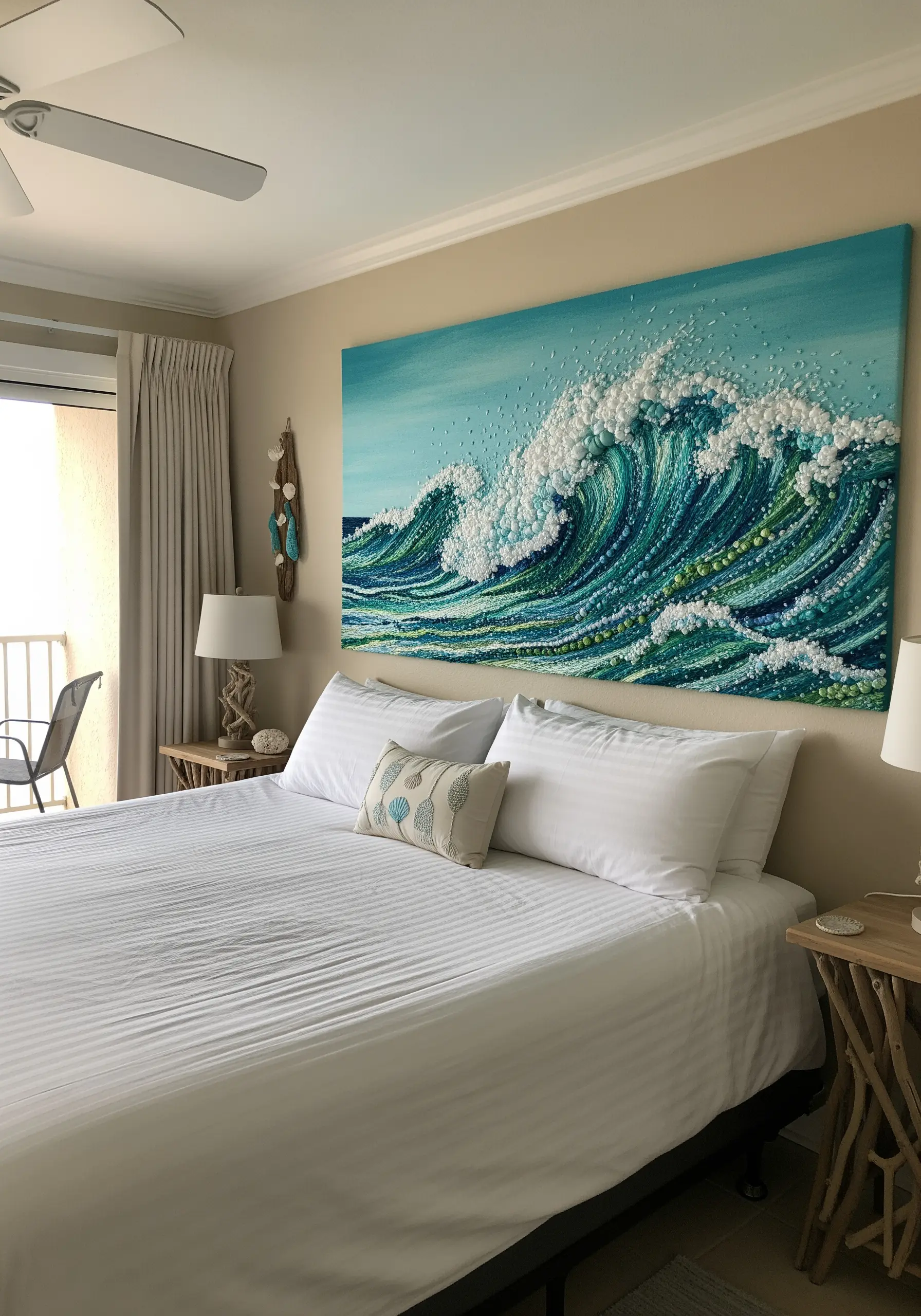 A large embroidered painting of an ocean wave with textured white seafoam using knots and beads.