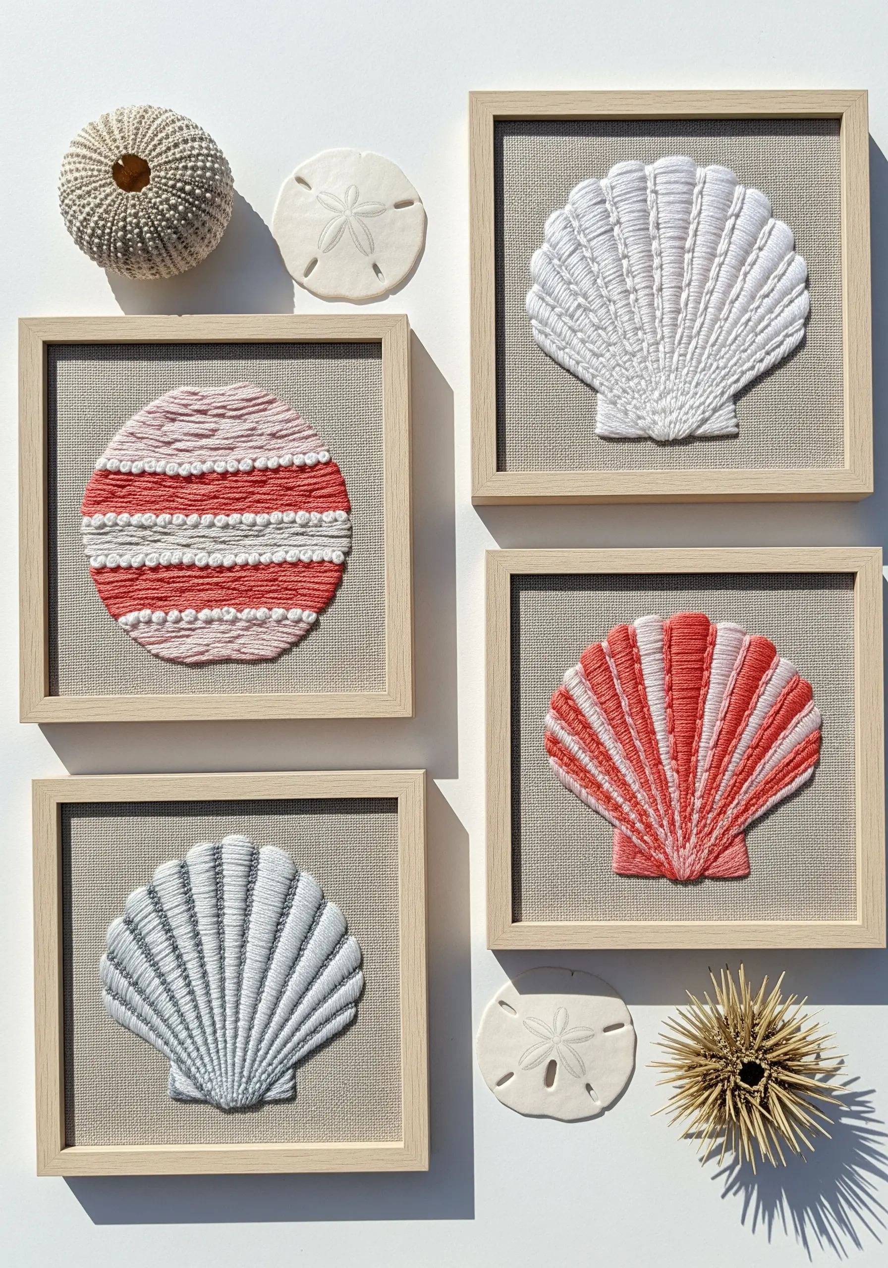 Raised satin stitch seashells in white and coral, mounted in simple wooden frames.