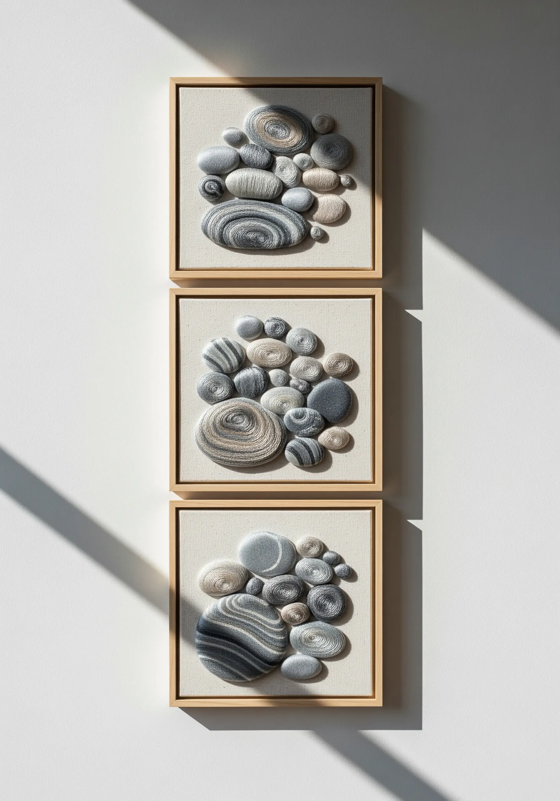 Three framed embroidery pieces with 3D padded satin stitch pebbles in neutral tones.