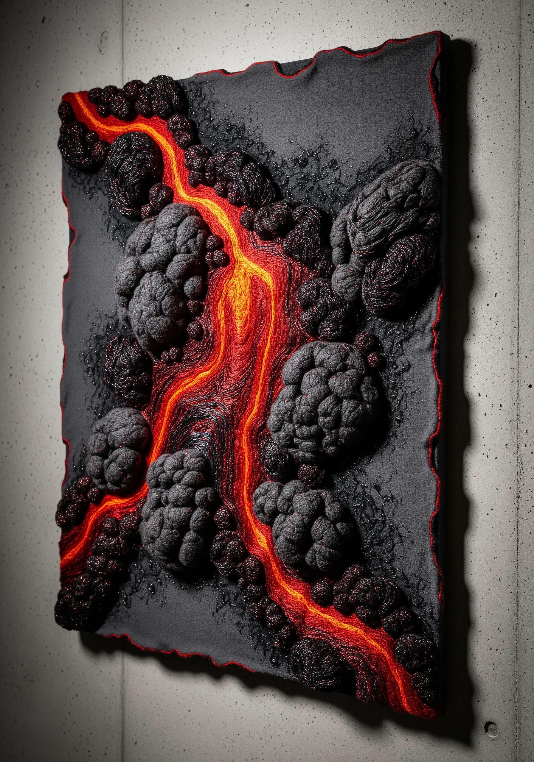 A mixed-media fiber art piece depicting a fiery lava flow over dark, textured rock.