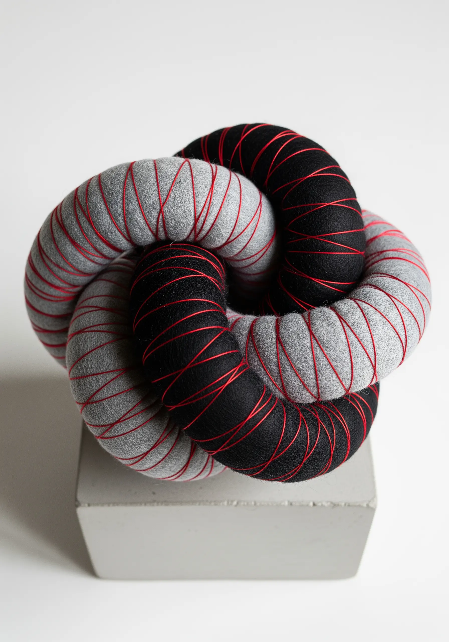 A grey and black sculptural felt knot wrapped in thin red thread.