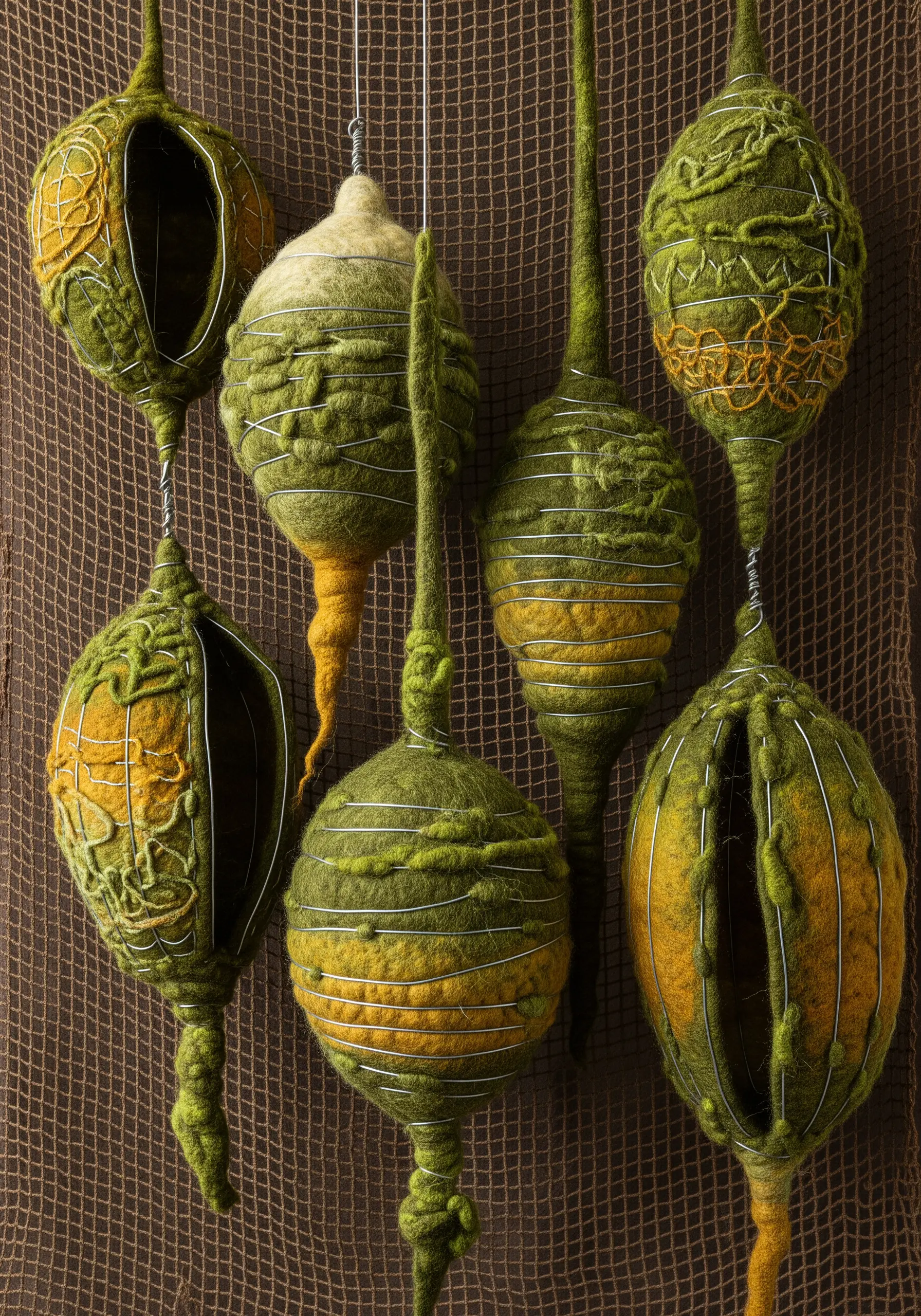 3D felted pods in green and yellow with wire armatures and embroidered details.