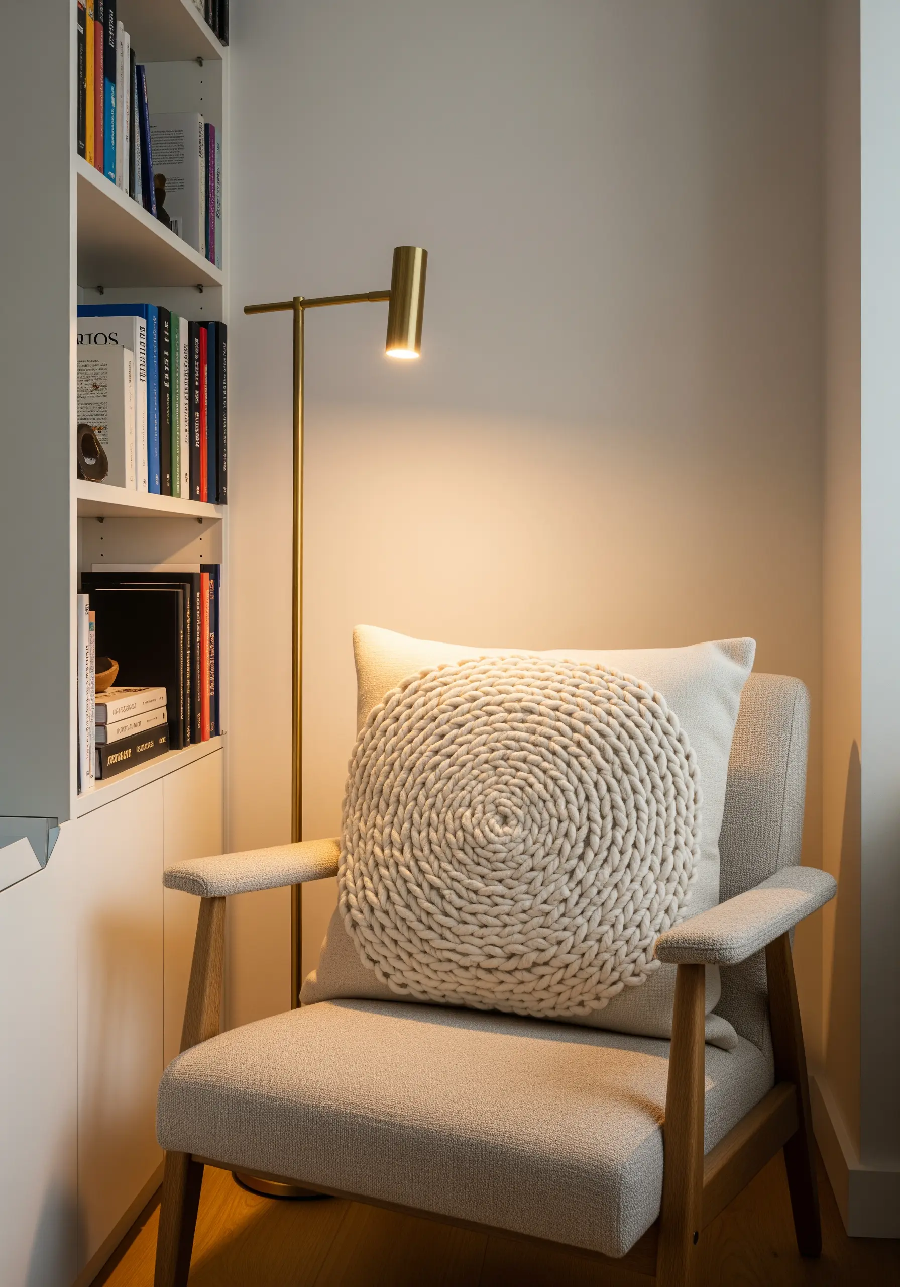 A close-up of a textured round pillow made from coiled white rope