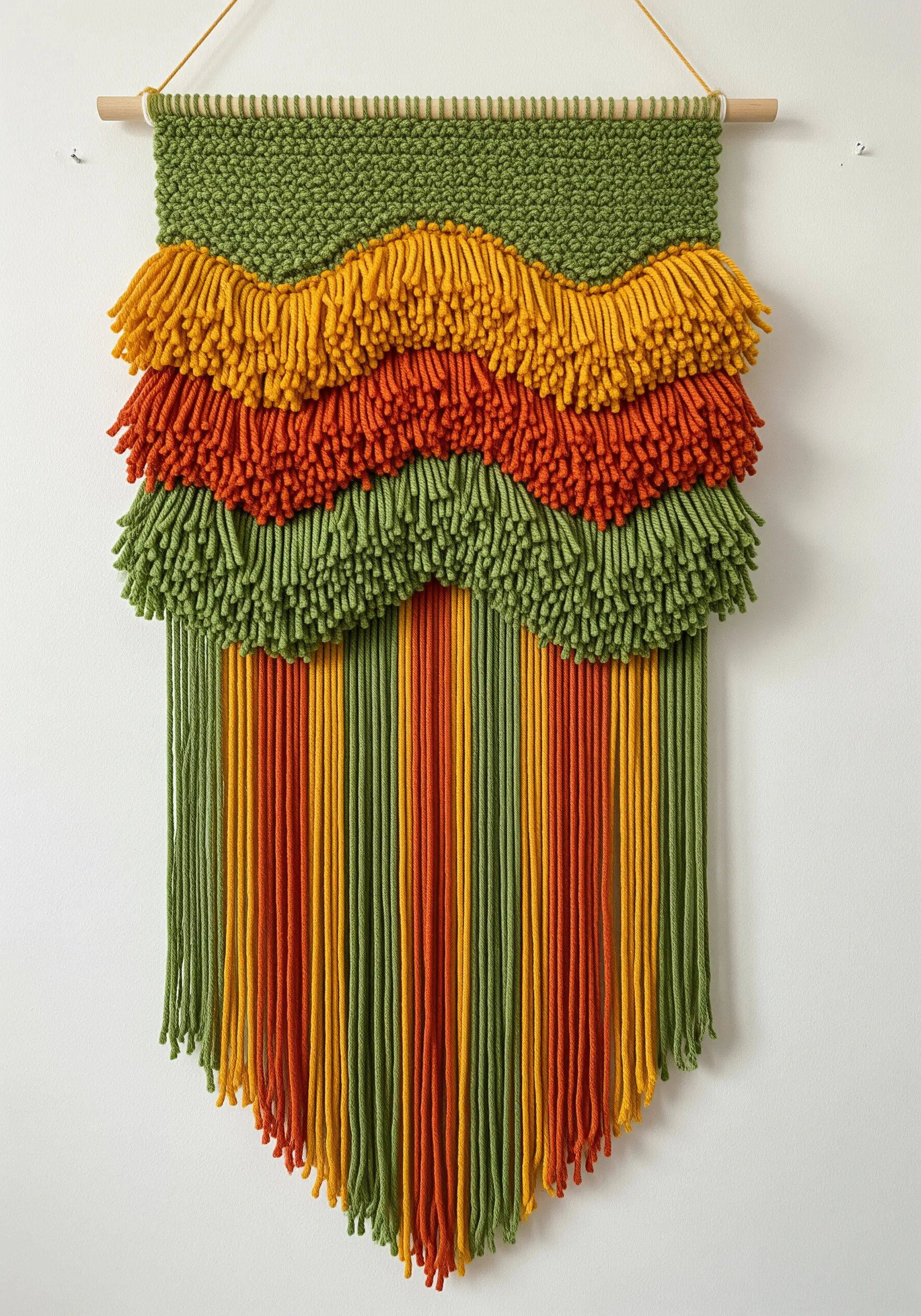 A layered shag wall hanging with scalloped edges in green, yellow, and rust tones.