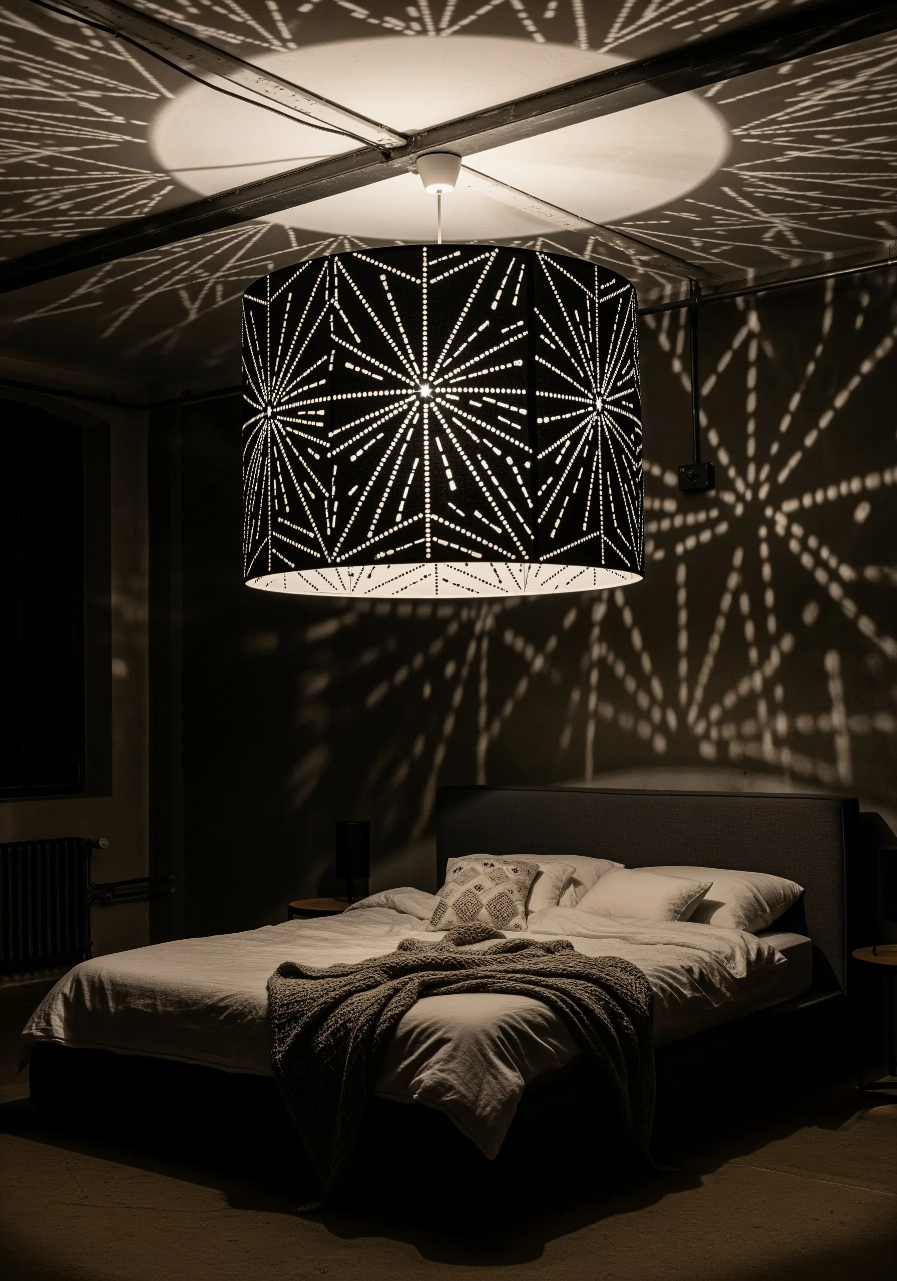 A black pendant lampshade pierced with a geometric pattern, casting light on the walls.