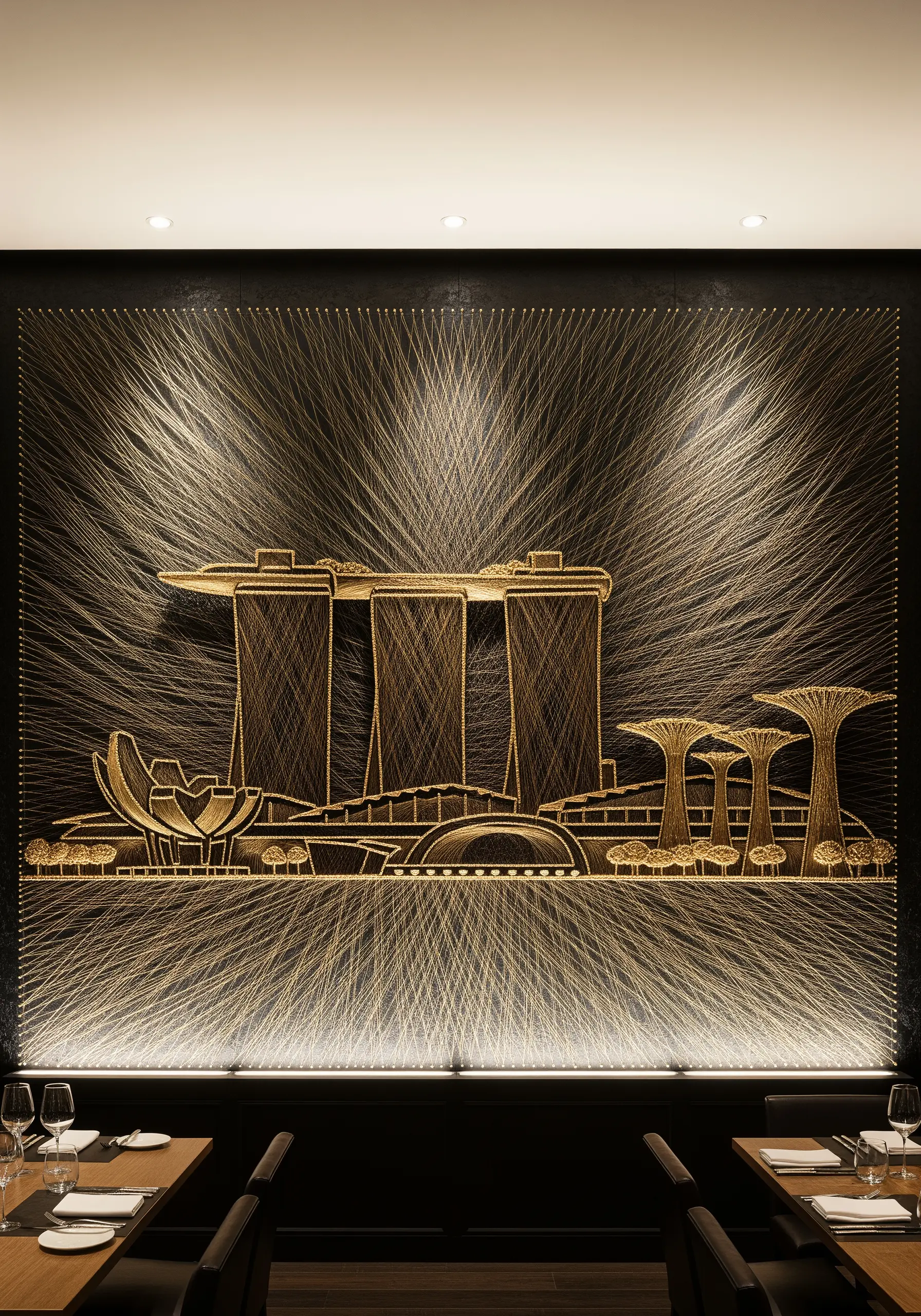 Large-scale string art of the Singapore skyline with dramatic backlighting created by radiating gold threads.