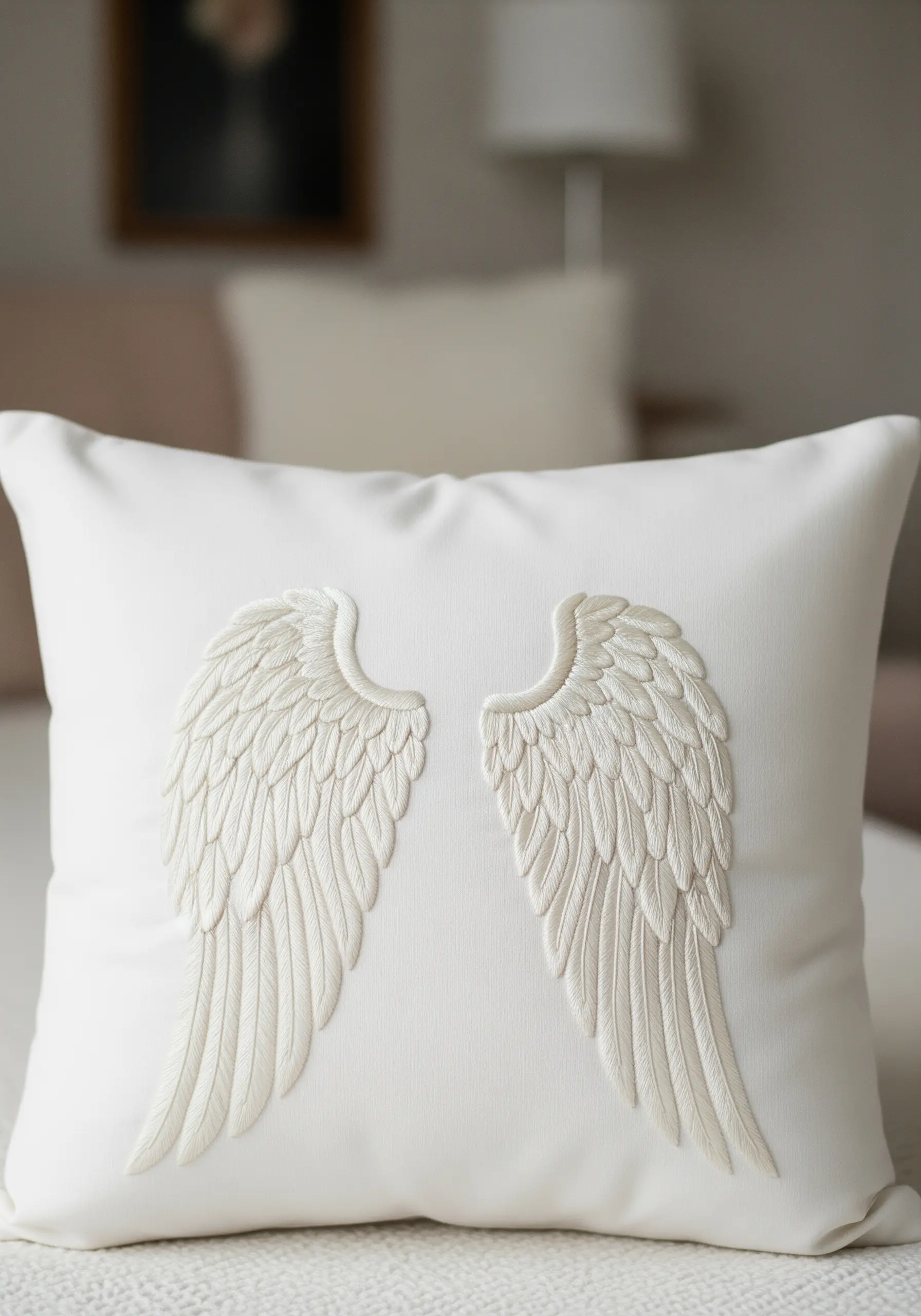 A pair of intricately embroidered angel wings in white thread on a white pillow.