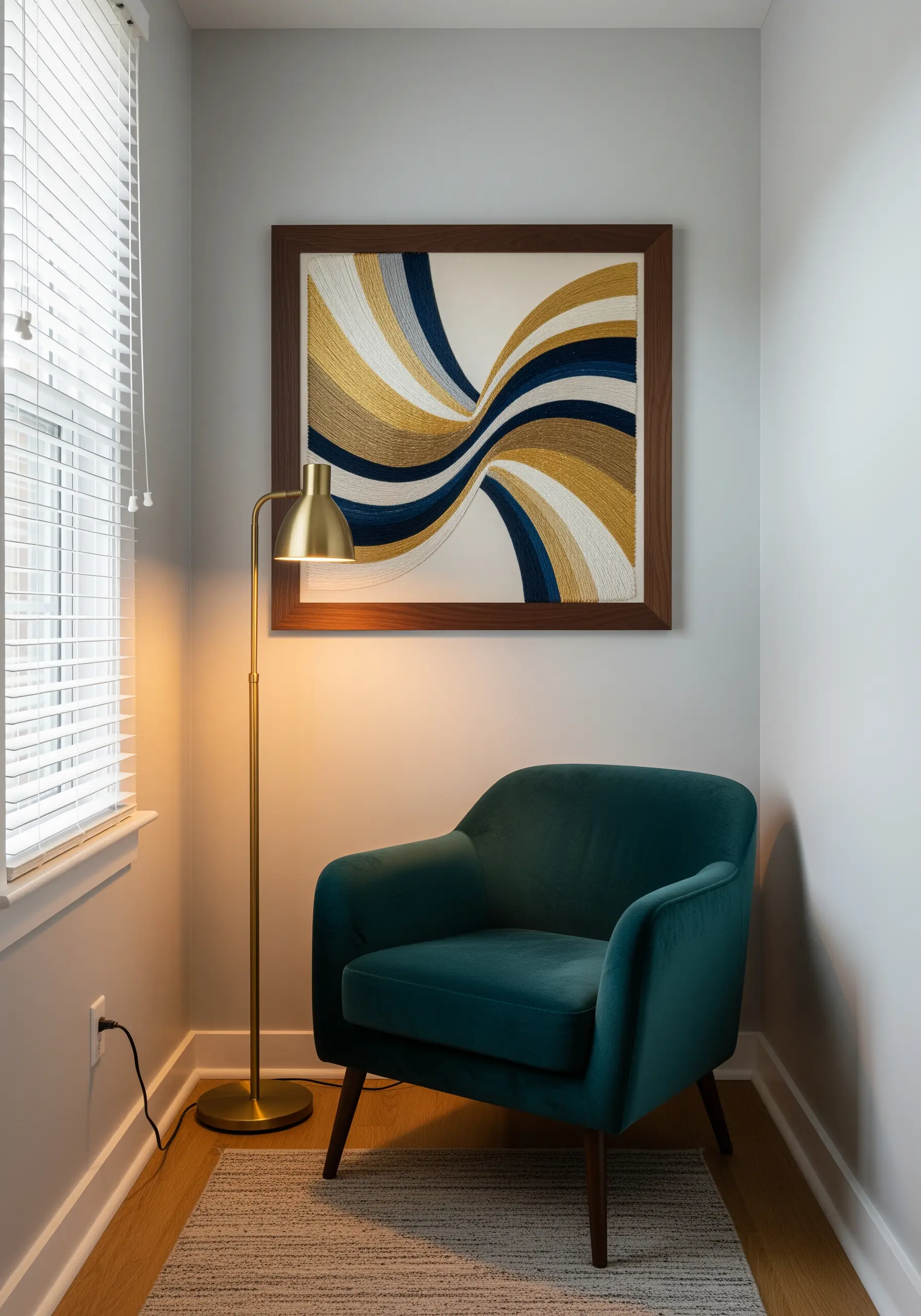 Abstract embroidery art with flowing gold, blue, and white lines in a dark wood frame.