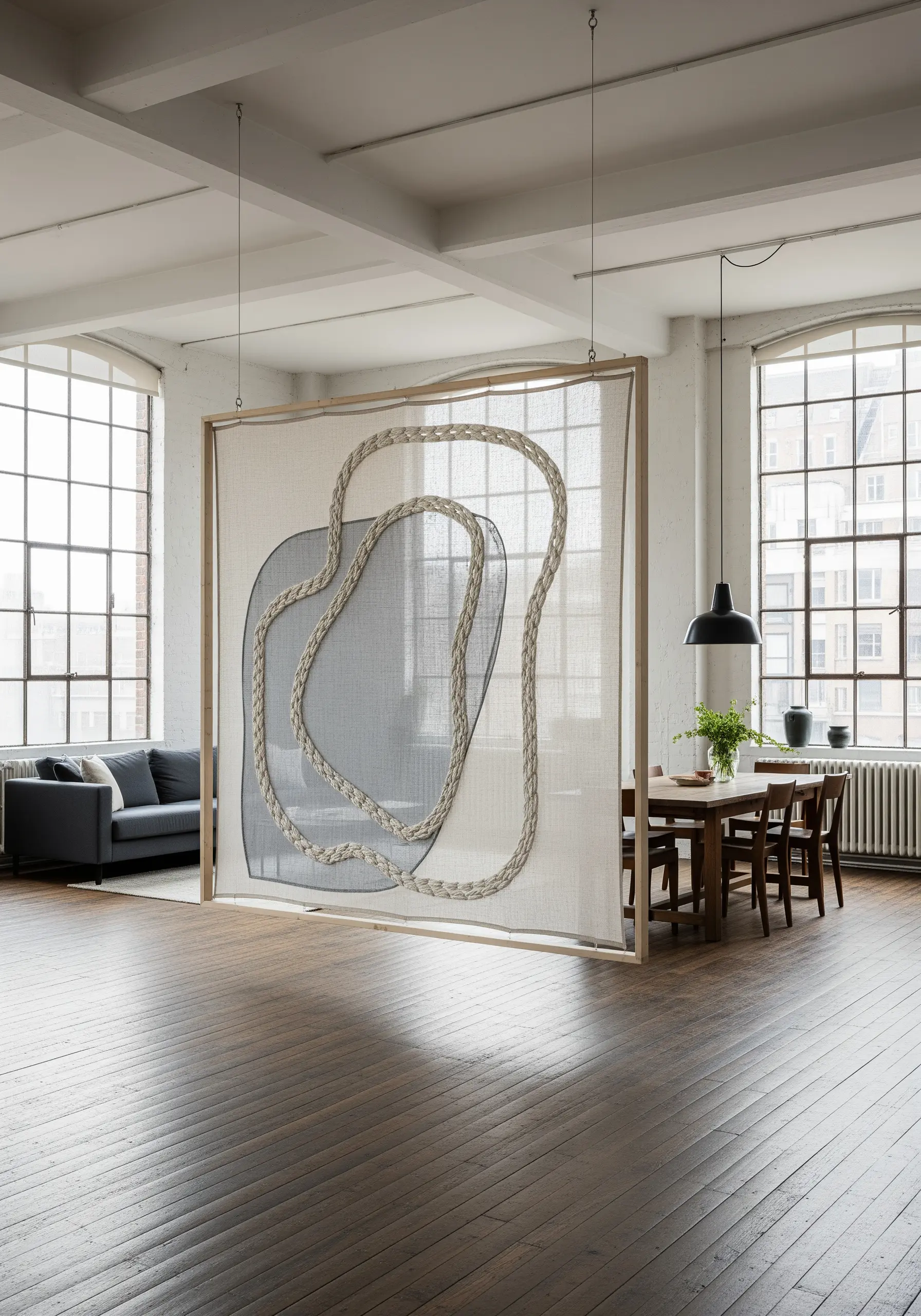 A large, sheer fabric panel with a sculptural, 3D embroidered abstract line.