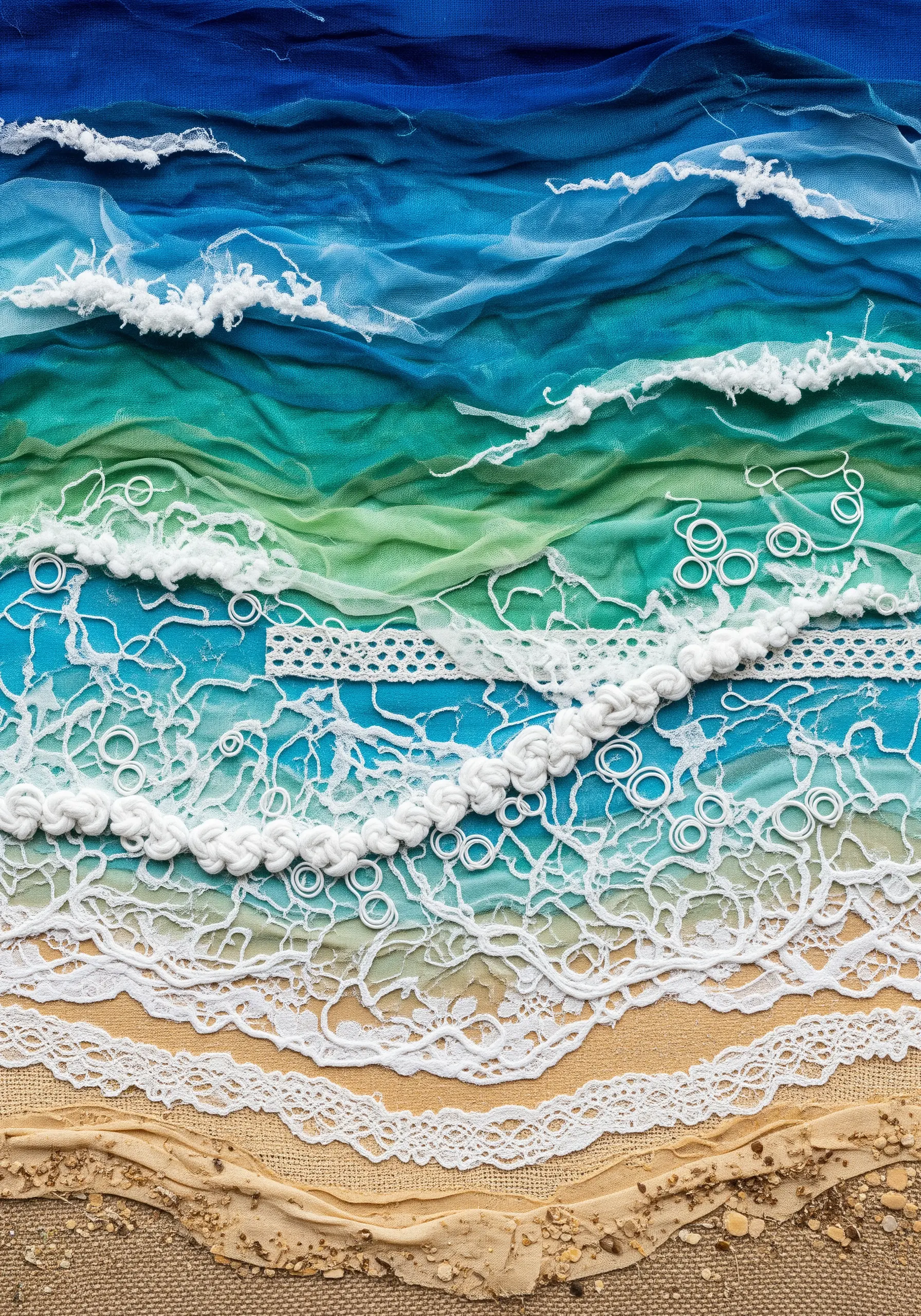 Abstract seascape collage with layered fabrics, lace, tulle, and braided trim to create waves.