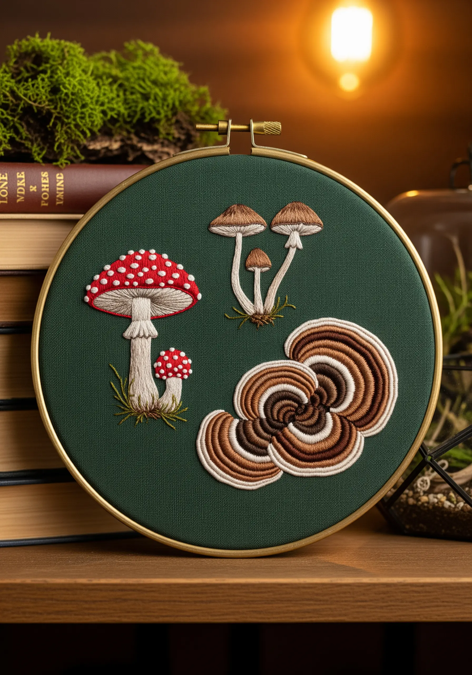 Three types of embroidered mushrooms with realistic shading and texture on dark green fabric.