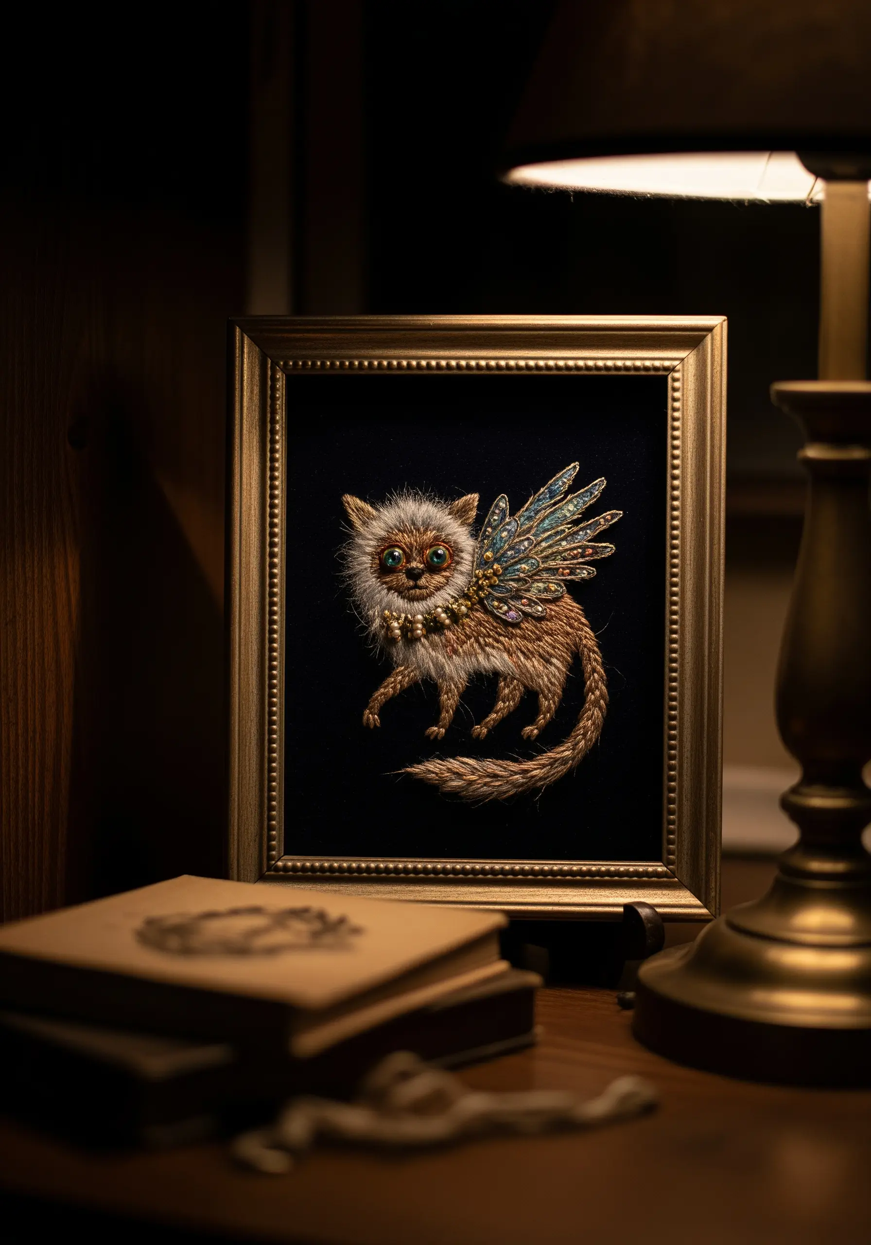 A whimsical embroidered creature with fluffy fur, created with the turkey work stitch, and beaded wings.