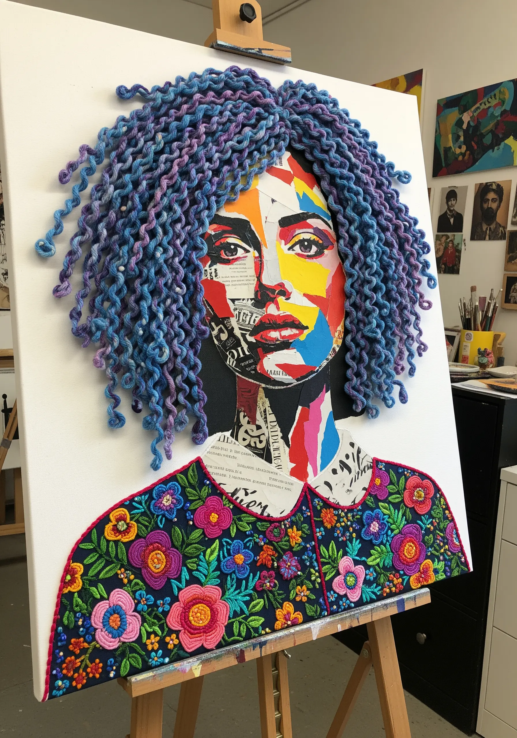 Mixed-media portrait with a paper collage face, dimensional yarn hair, and embroidered blouse.