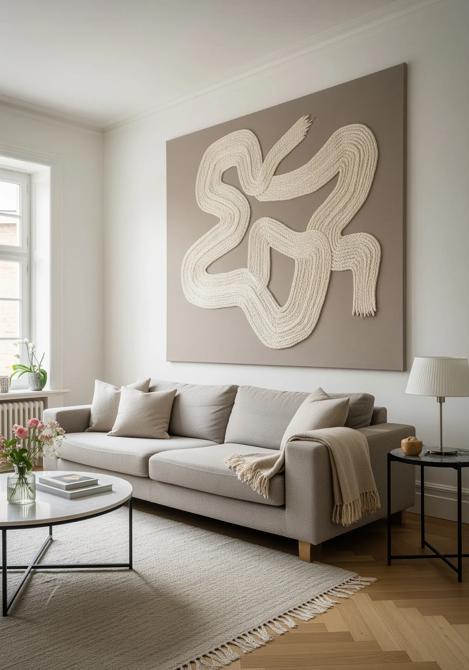 A large-scale abstract art piece made from thick, couched rope on a taupe canvas.