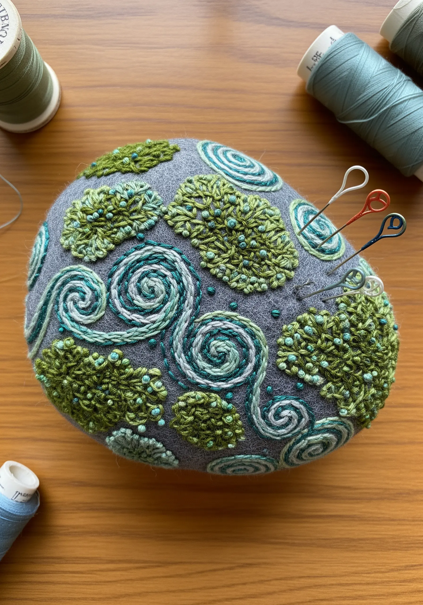 A grey felt pincushion decorated with highly textured green and blue embroidered swirls.