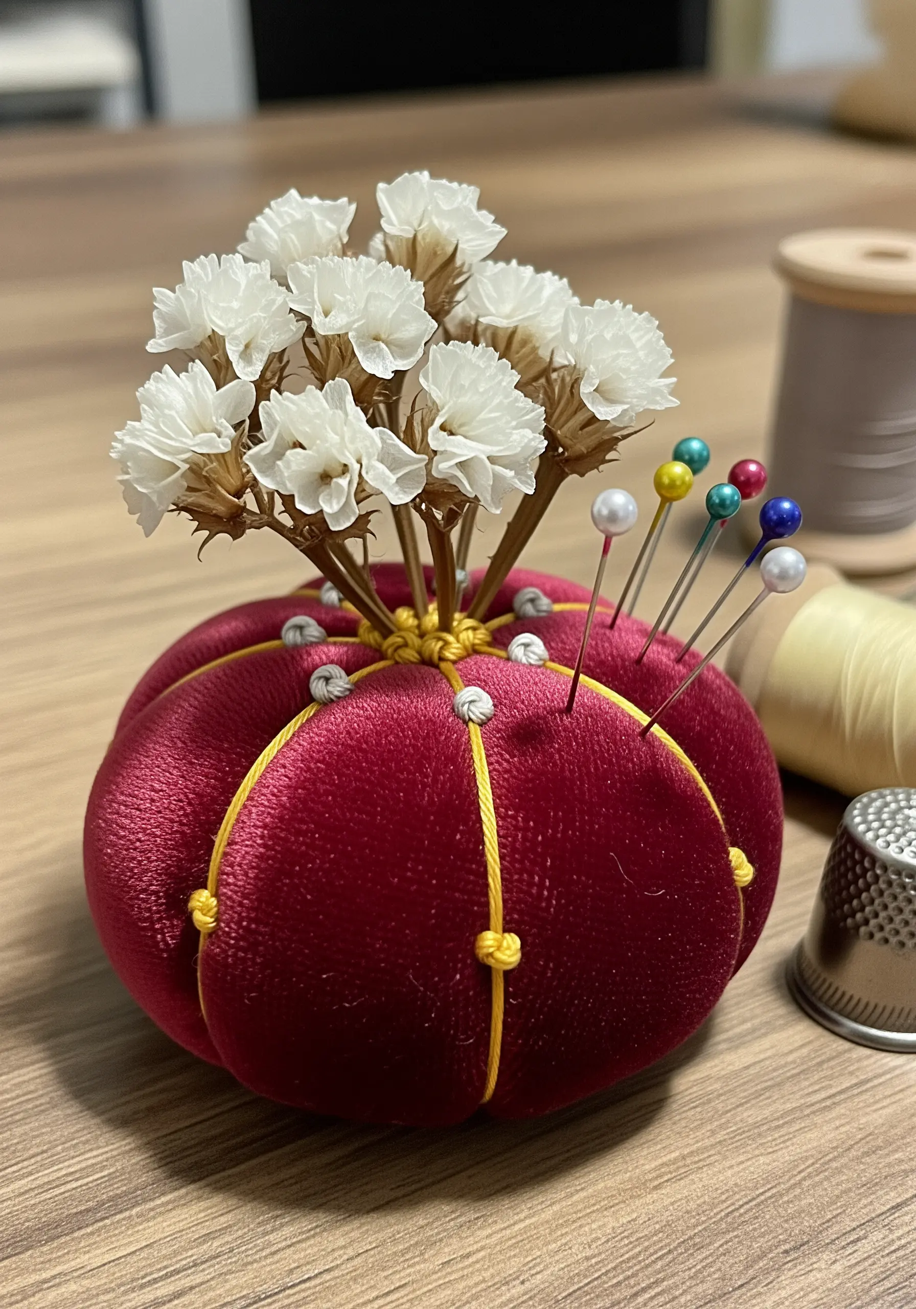 A red velvet pincushion shaped like a flower using yellow thread for tufting and detail.
