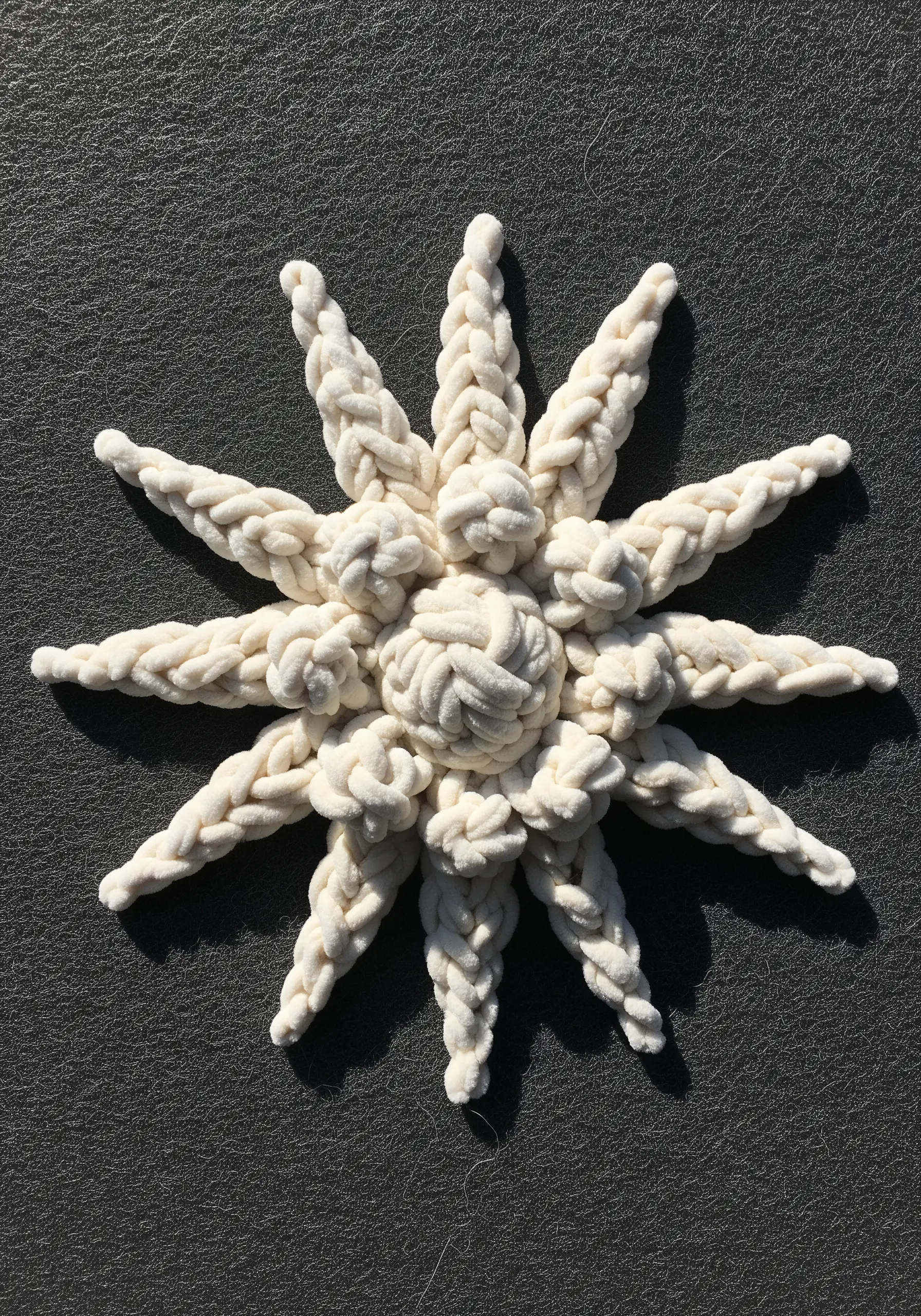 A three-dimensional white star made from chunky braided and knotted cord on a black background.