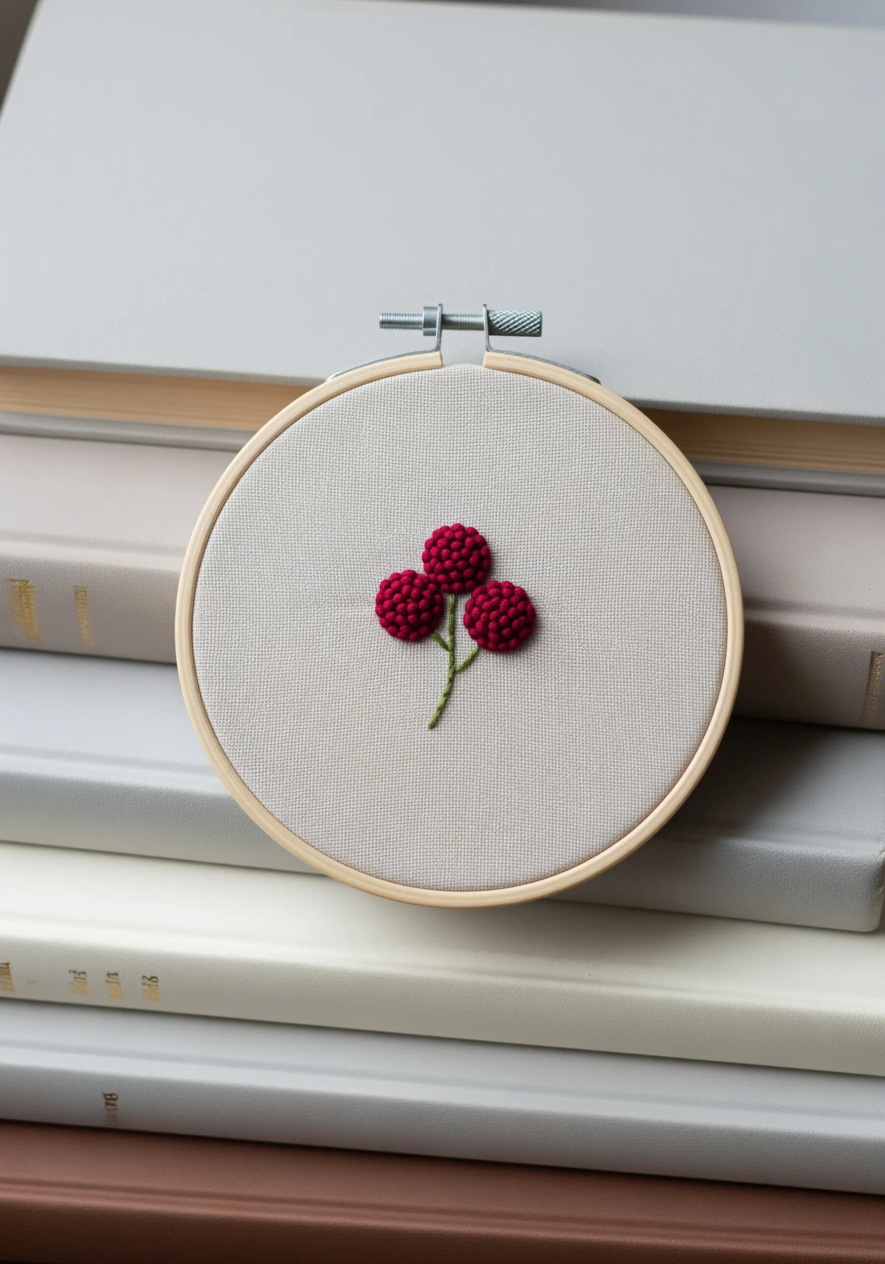 Three raspberries made from clustered magenta French knots on a thin green stem.