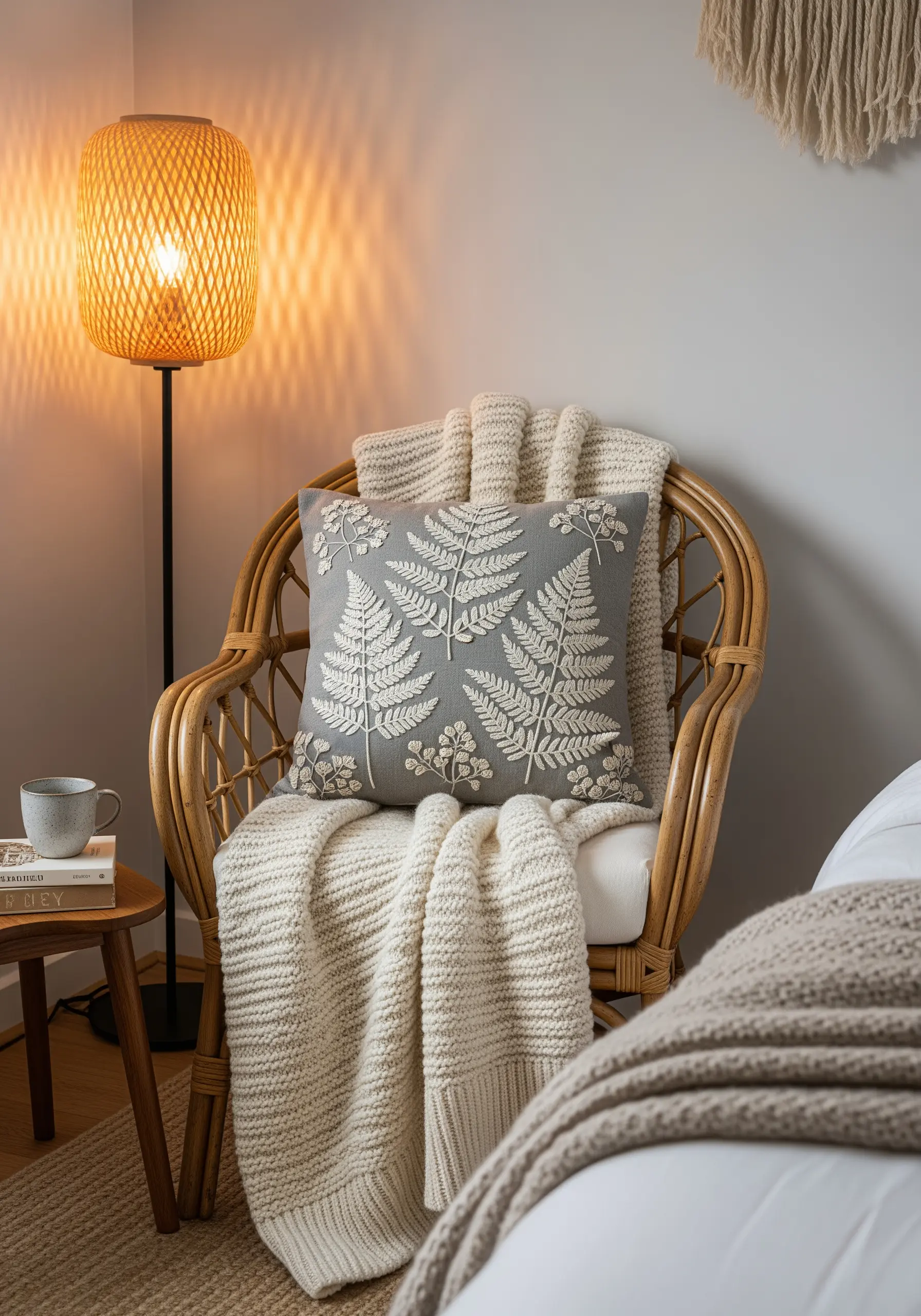 High-relief ivory embroidery of fern leaves on a grey-green linen pillow.