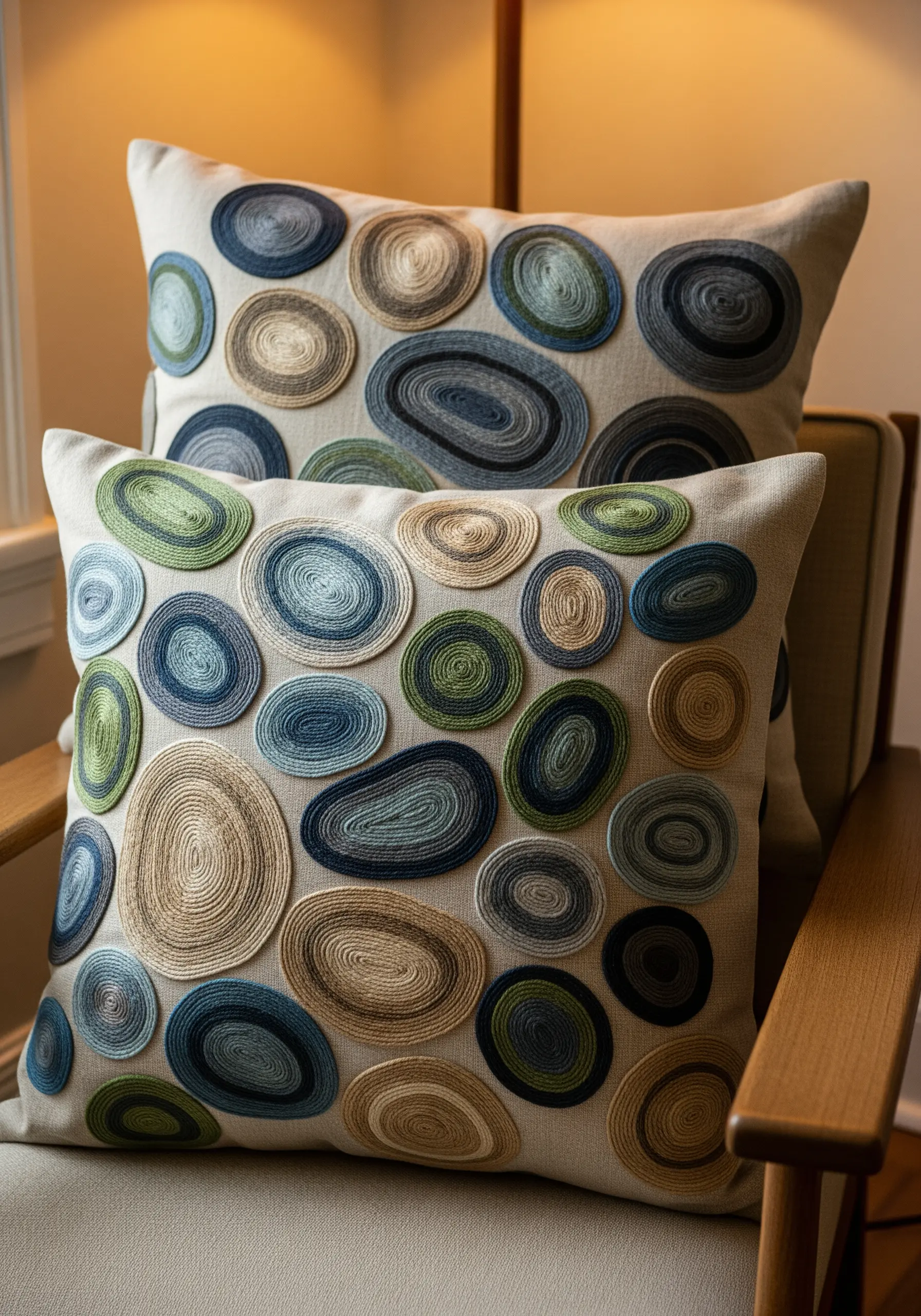 Linen pillows decorated with couched coils of variegated thread in blues, greens, and beige.