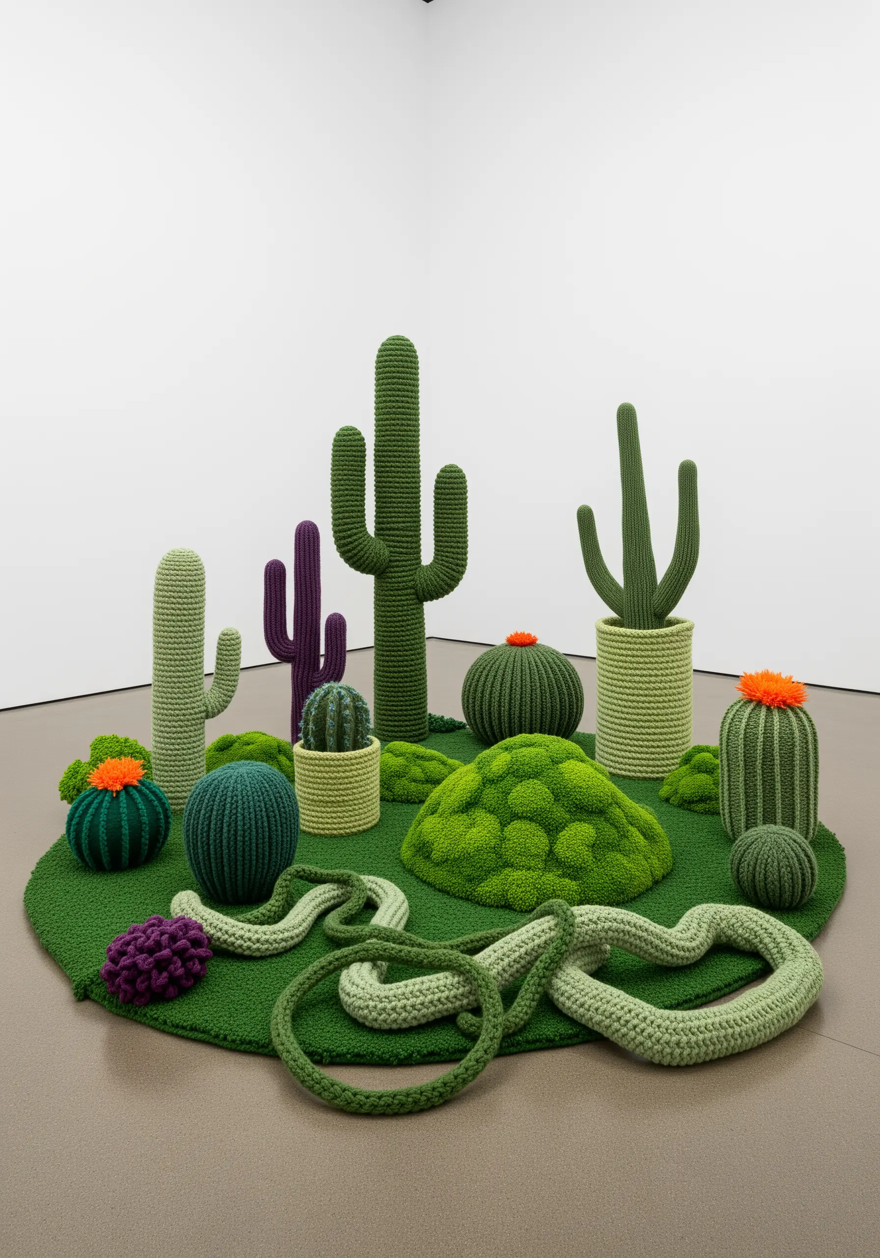 A sculptural installation of various crocheted and stuffed cacti in different greens.