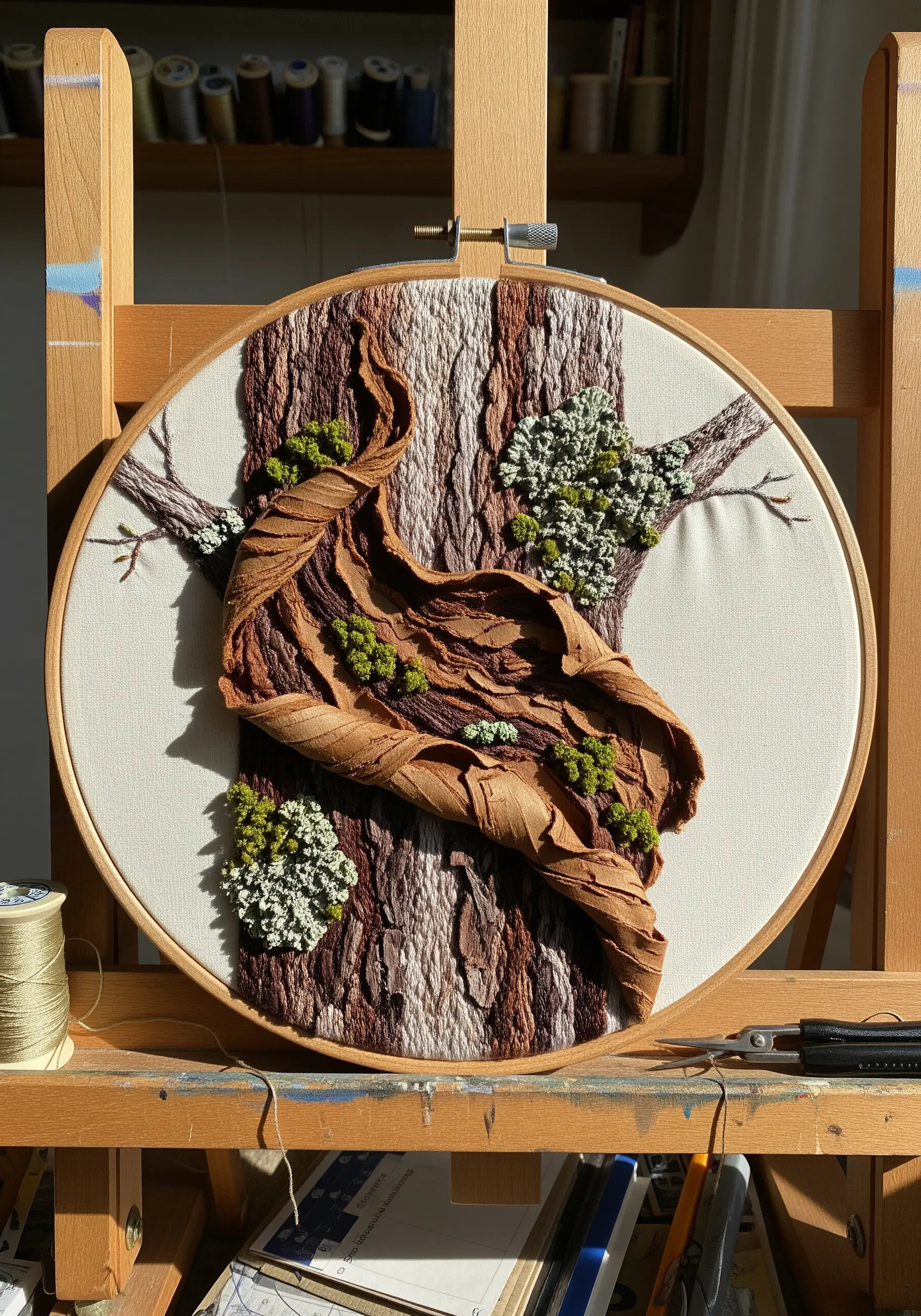 3D embroidery of peeling tree bark and moss, using sculpted fabric.
