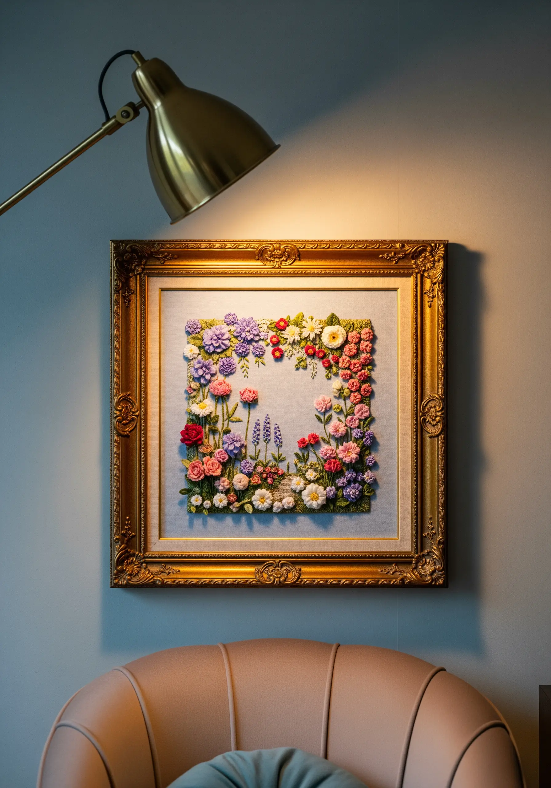 A dimensional floral embroidery with stumpwork flowers forming a square in an ornate frame.