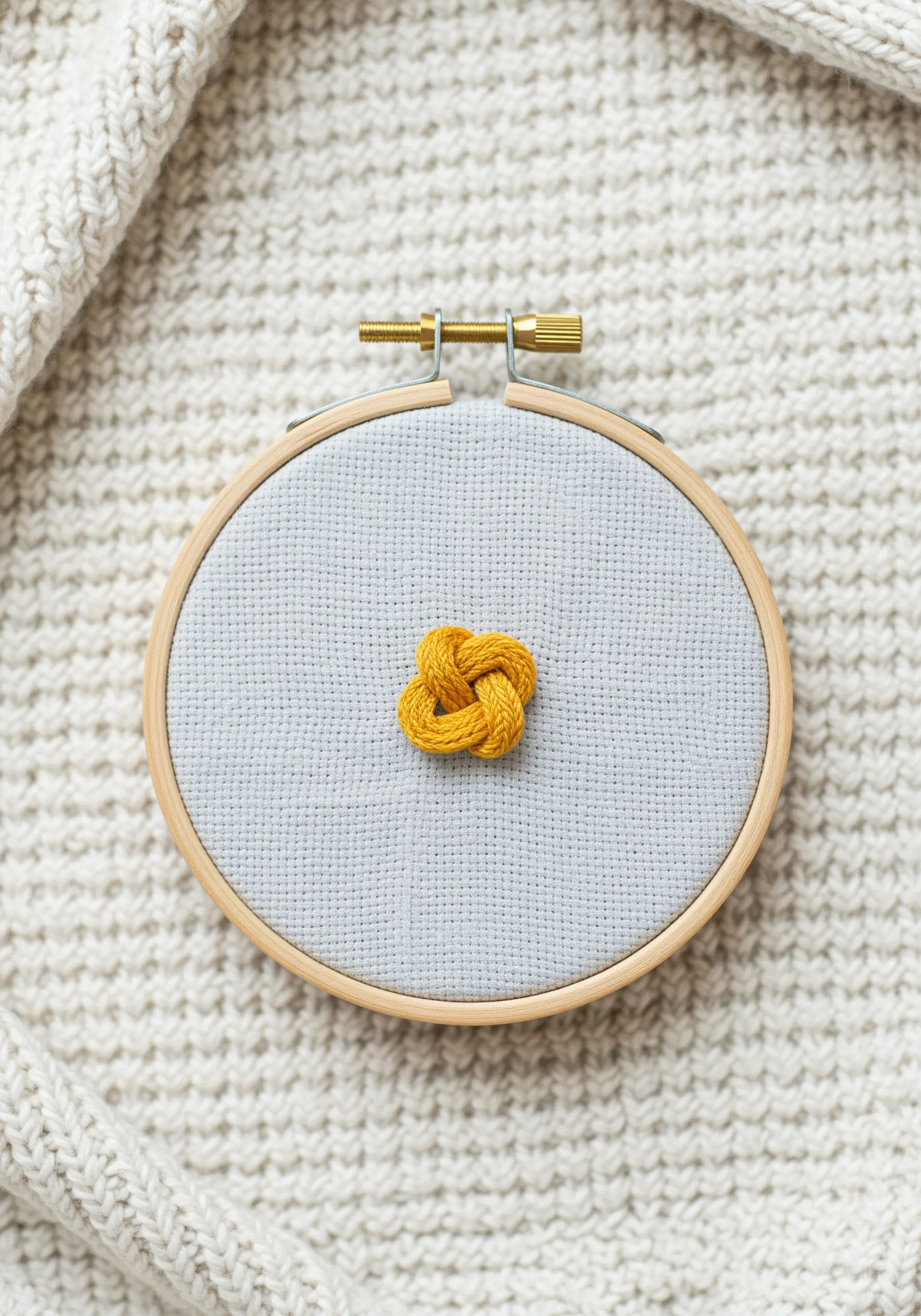 A single, complex yellow knot made of thick thread at the center of a small hoop.