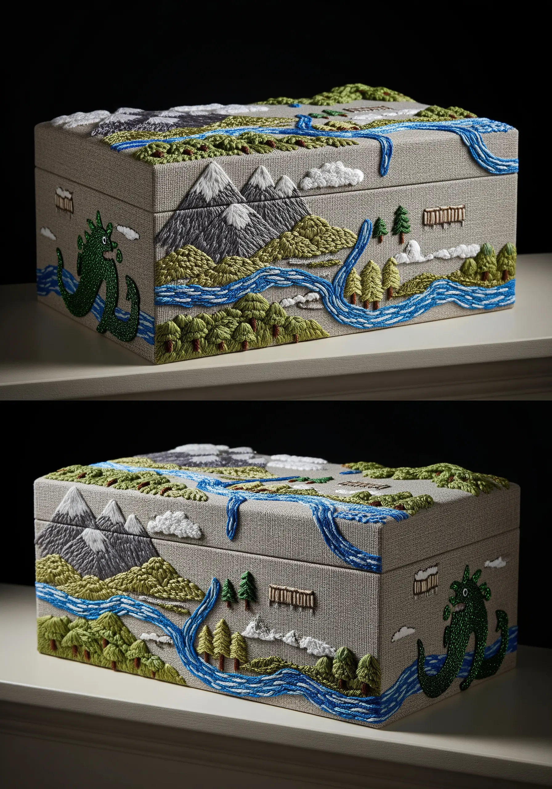 A fabric-covered box with a 3D embroidered landscape of mountains, rivers, and a beaded dragon.