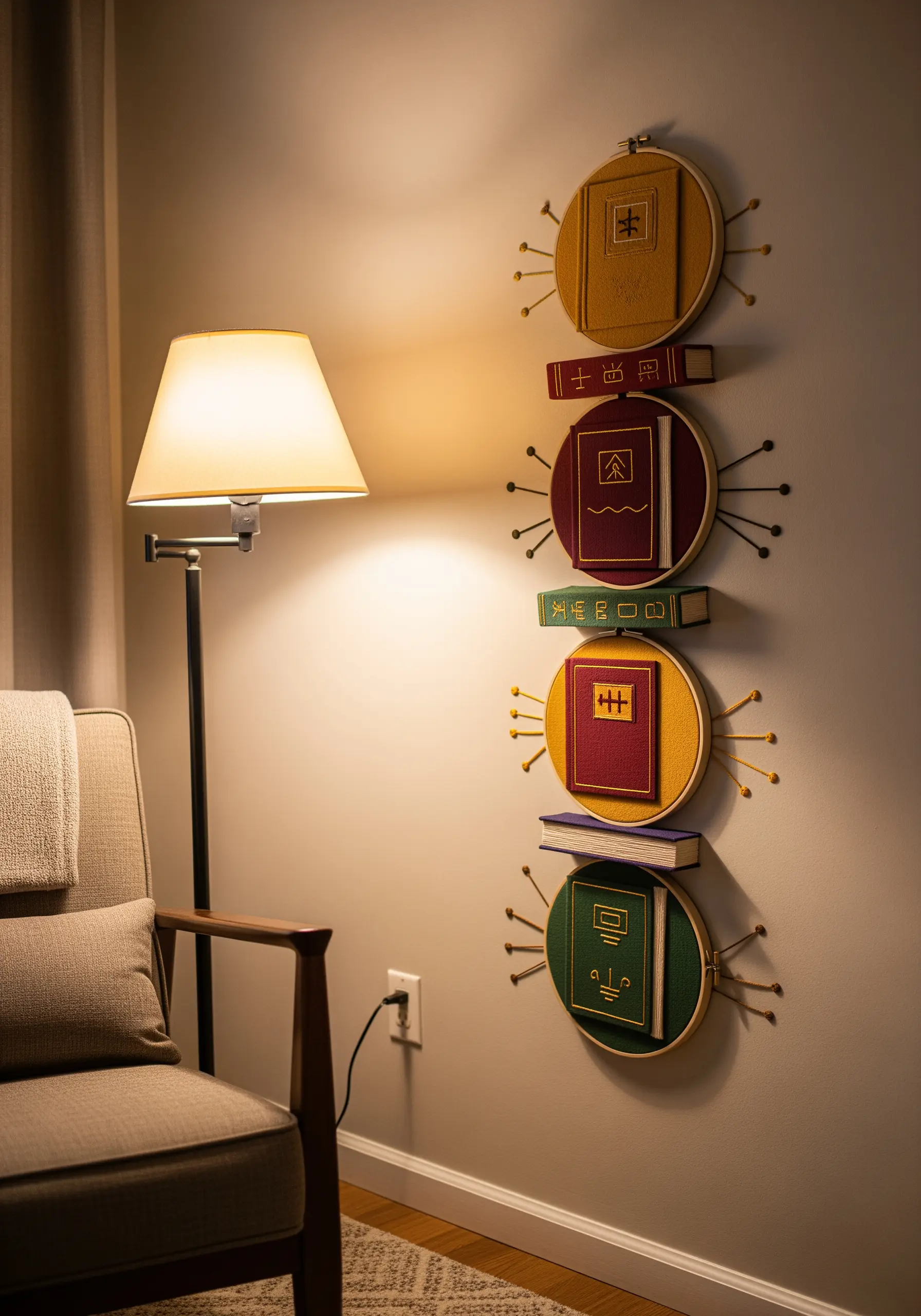 A vertical display of embroidered books with 3D elements connecting the hoops.