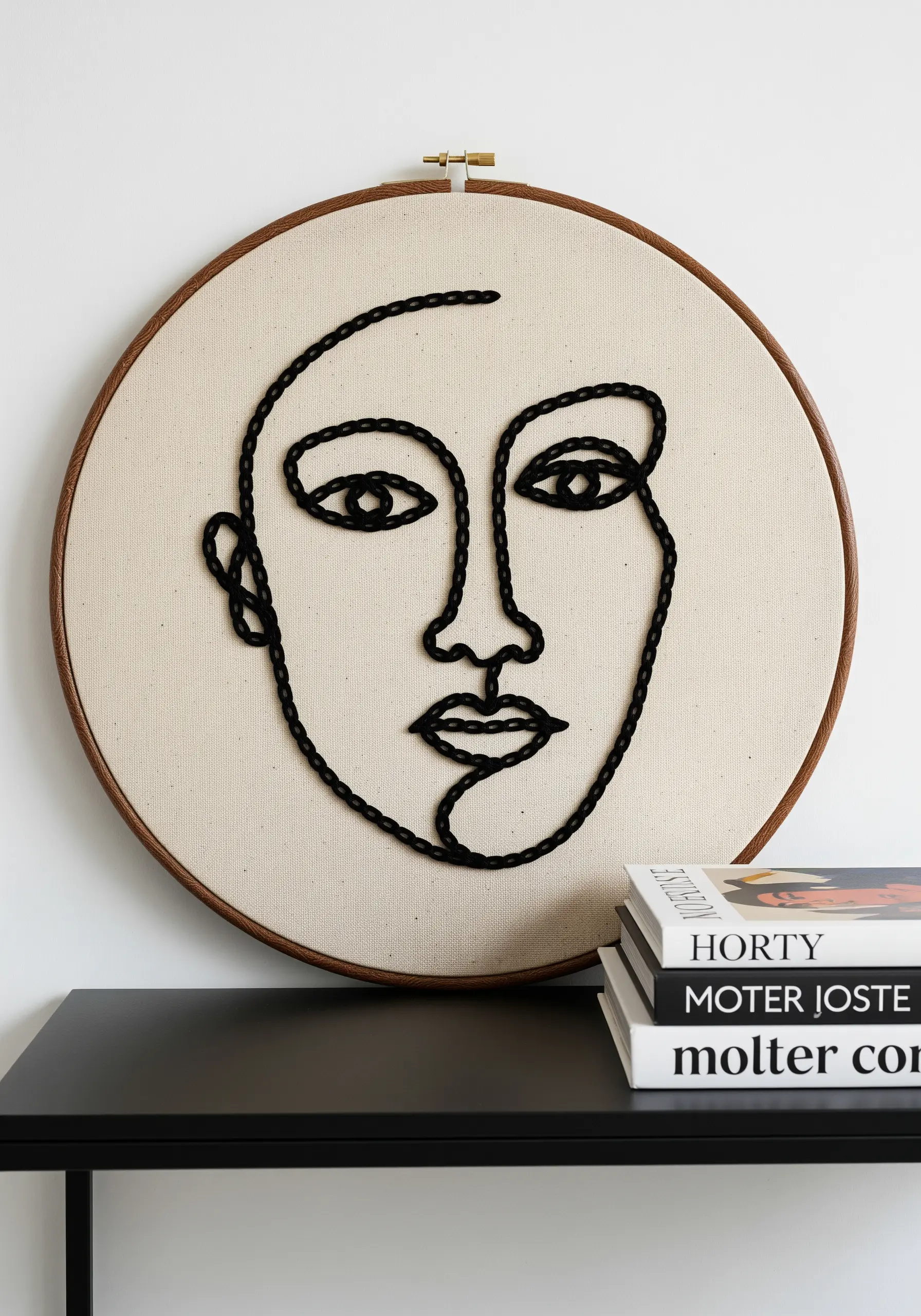 Bold, single-line face portrait created with thick black yarn on canvas.