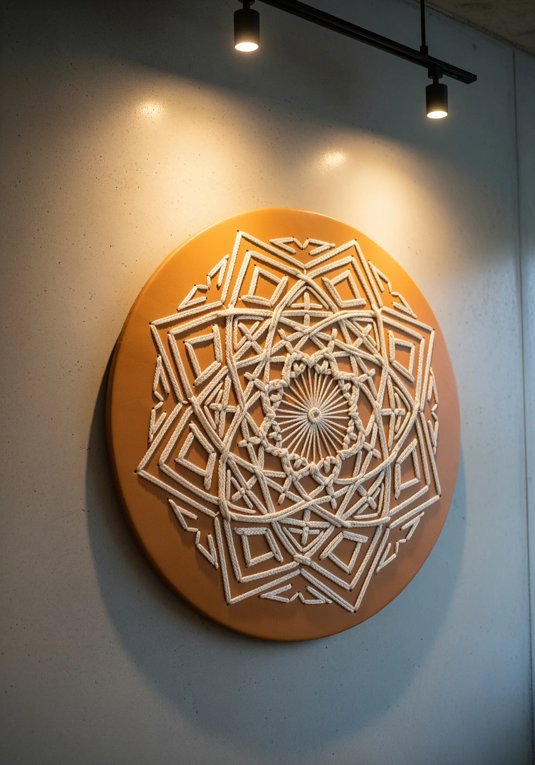 A dimensional mandala made from thick white rope couched onto a round, terracotta-colored board.