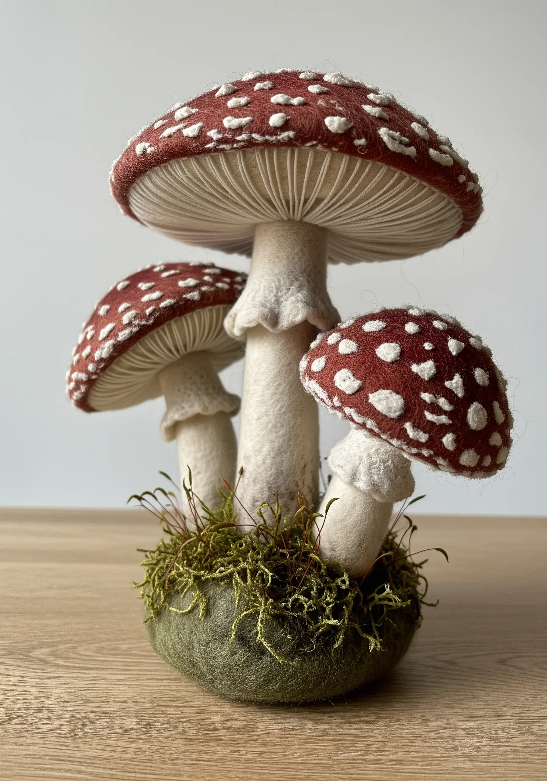 Realistic 3D Amanita muscaria mushrooms made from needle-felted wool.