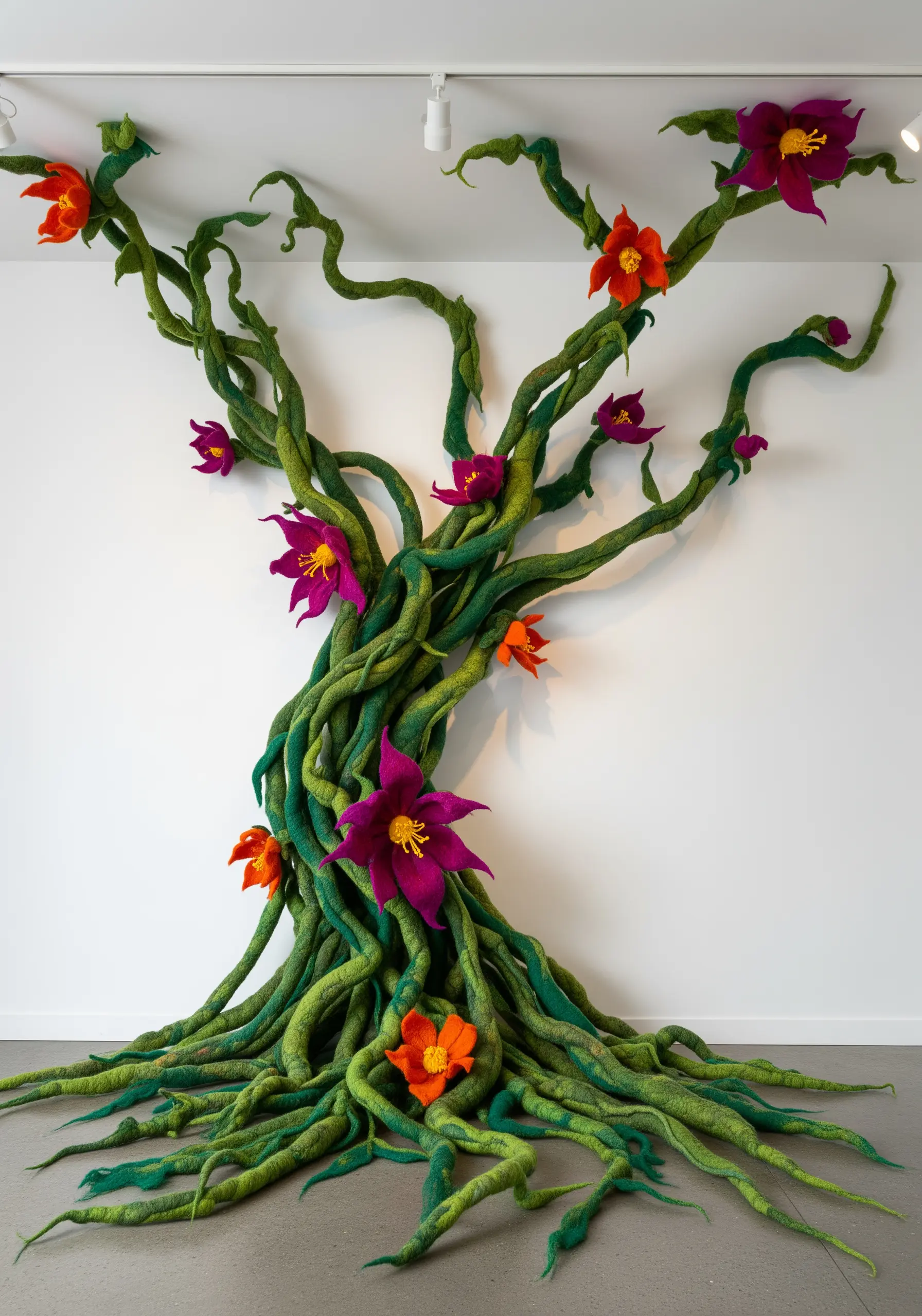 A large, three-dimensional tree sculpture made from green needle-felted wool with colorful flowers.
