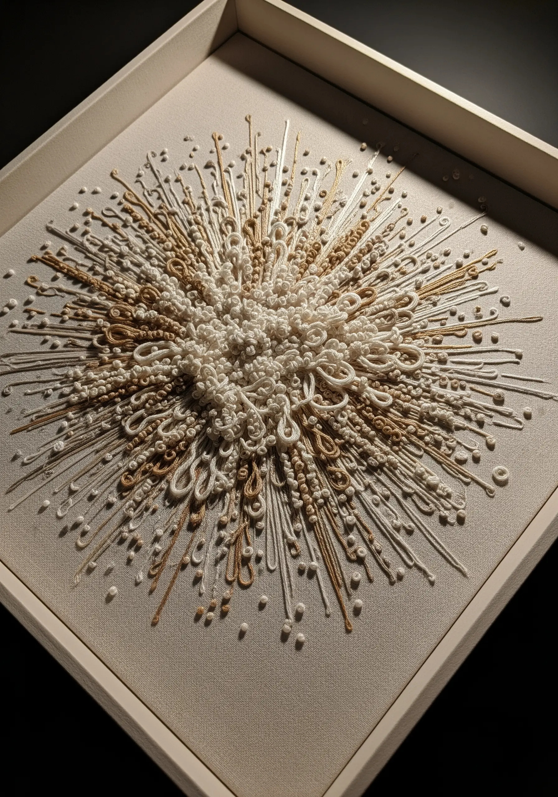 A framed, textural embroidery piece in white and beige with loops, knots, and raised stitches.