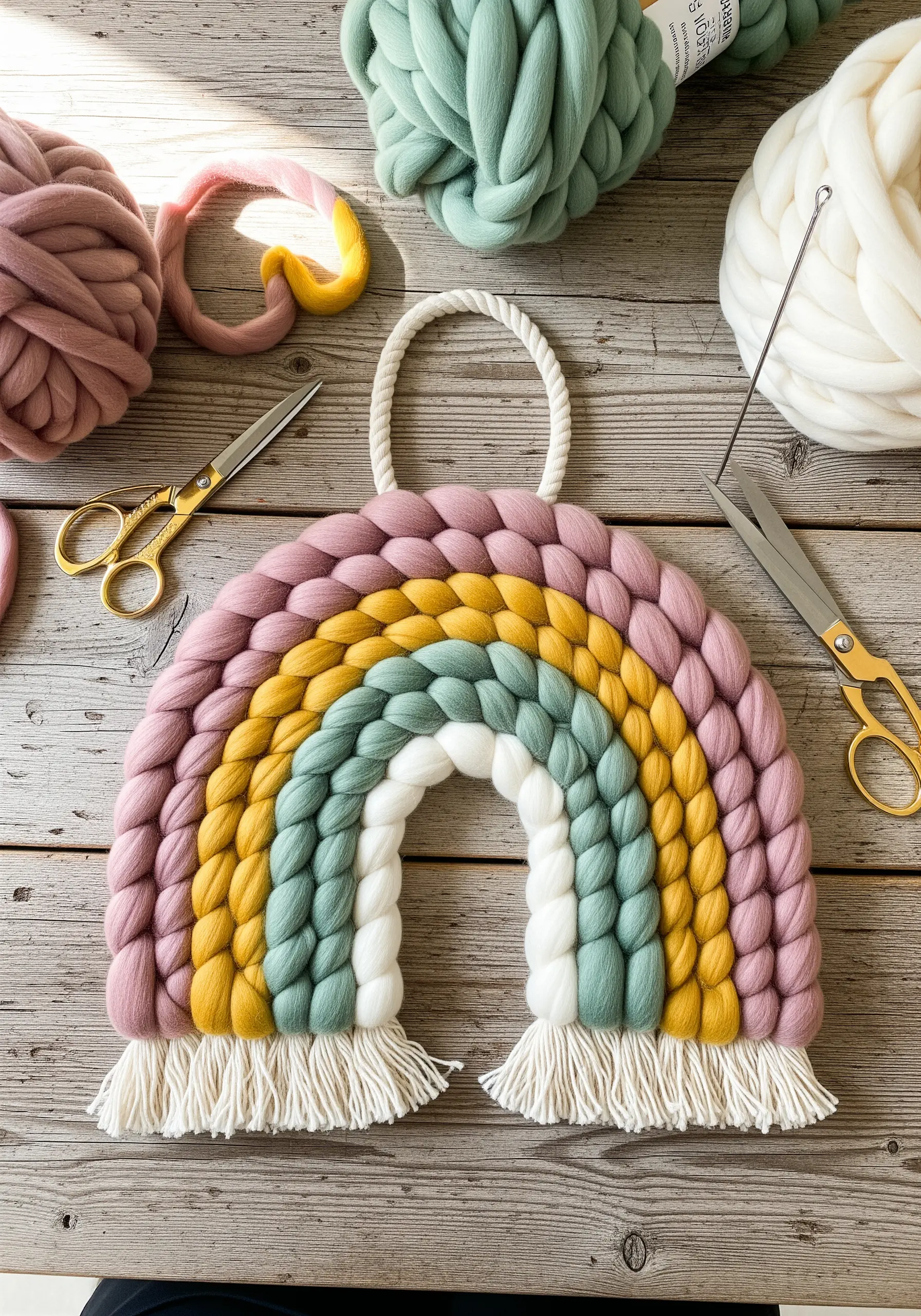 Chunky woven rainbow wall hanging with pastel-colored merino wool roving and a fringed bottom.