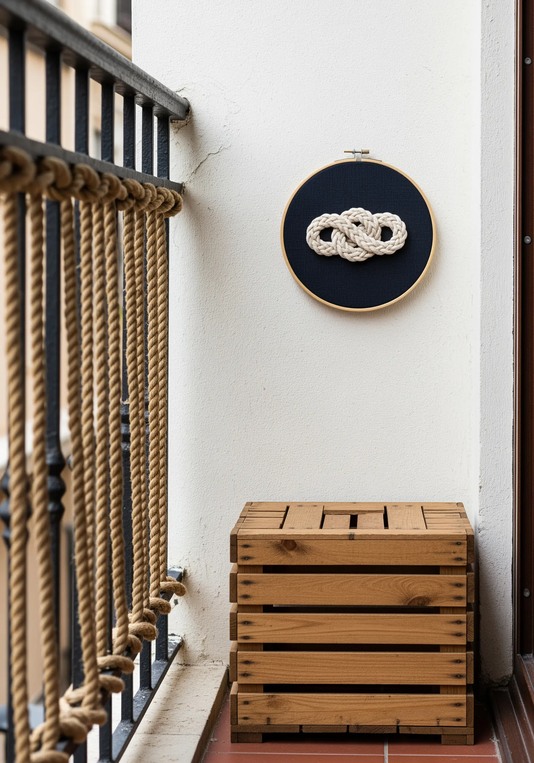 Three-dimensional sailor's knot made with thick cord on dark blue fabric.