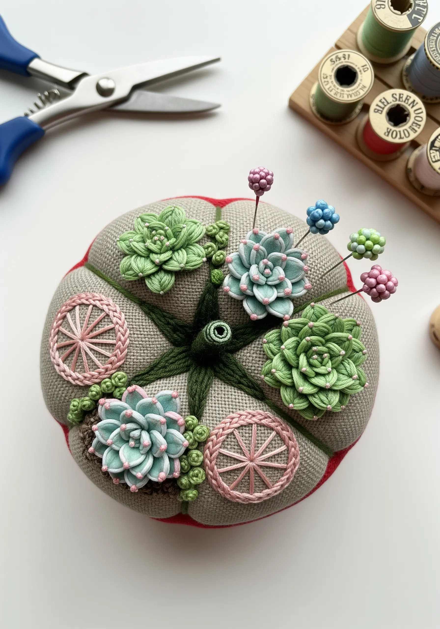 A tomato pincushion decorated with dimensional embroidered succulents and knots.