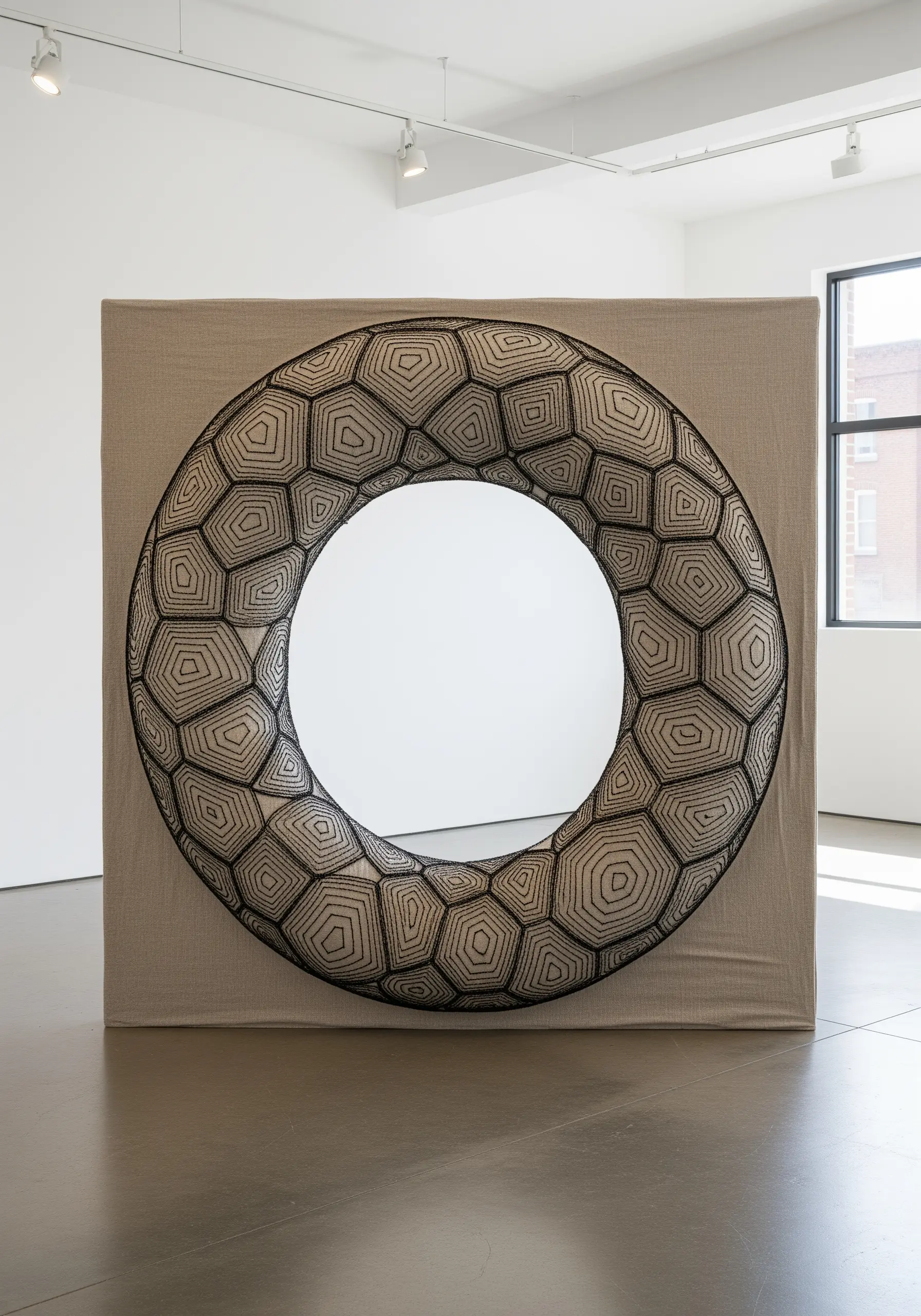 Large-scale embroidered hoop with a geometric, three-dimensional pattern in black thread.
