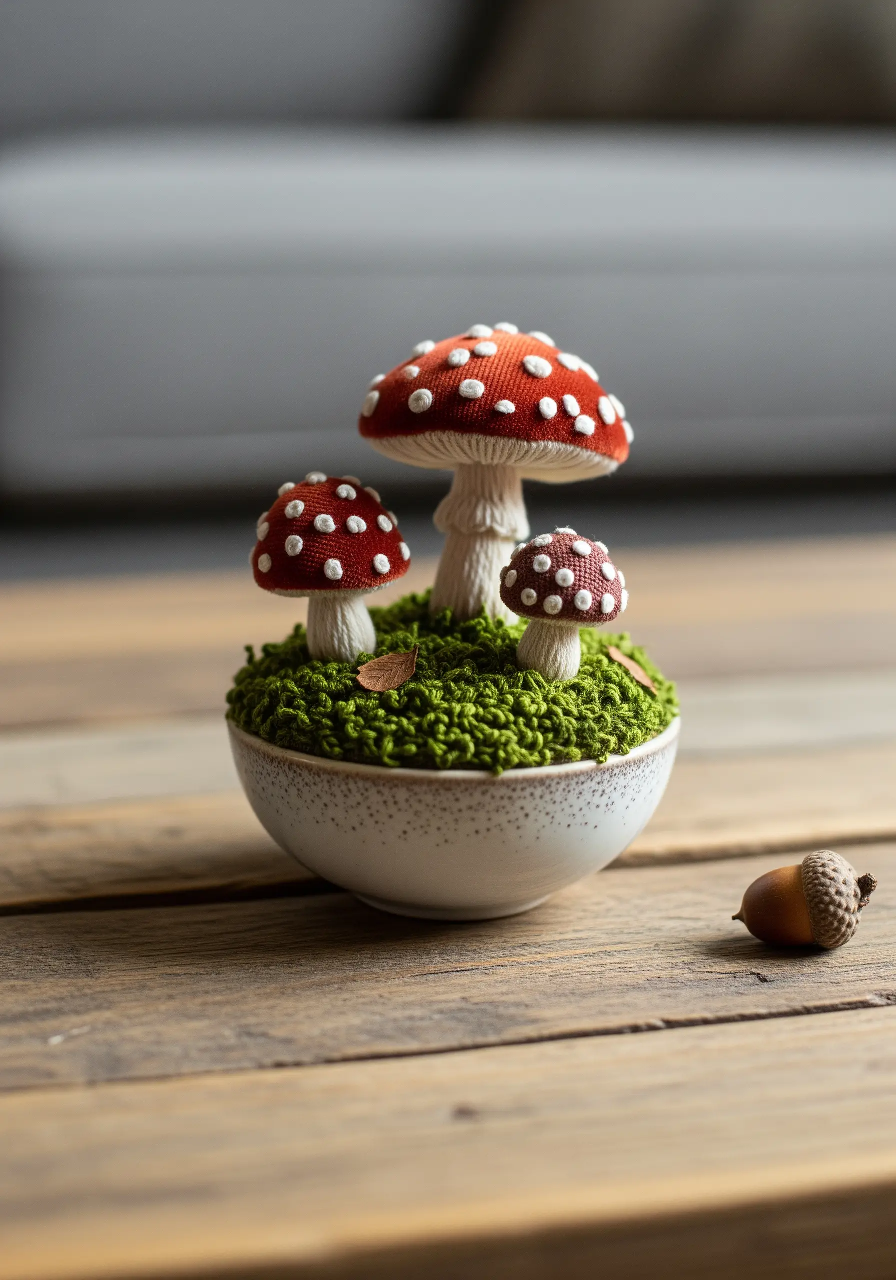 Three-dimensional embroidered mushrooms with French knot spots in a small bowl.