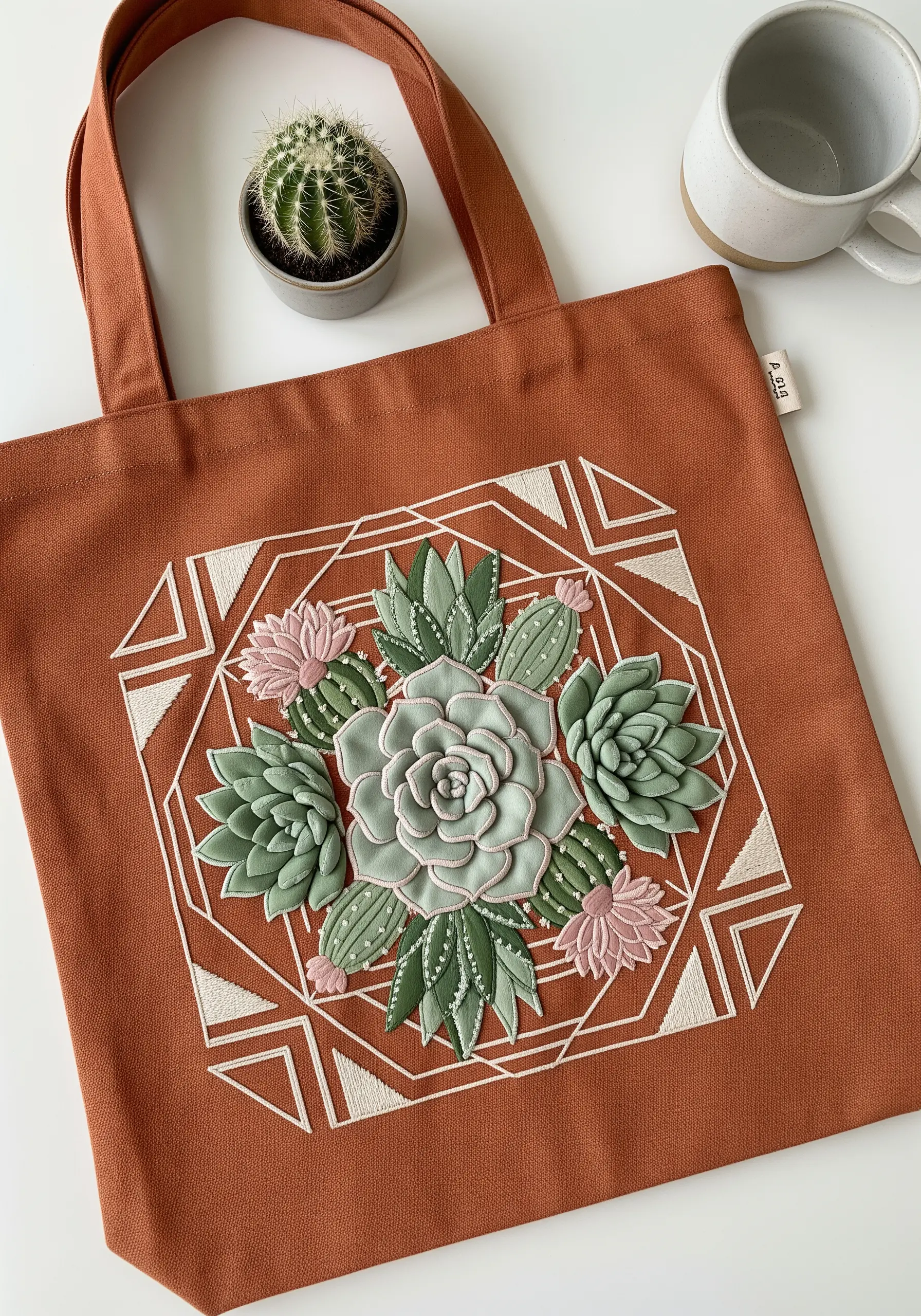 3D embroidered succulent and cactus mandala on a terracotta-colored canvas tote bag.