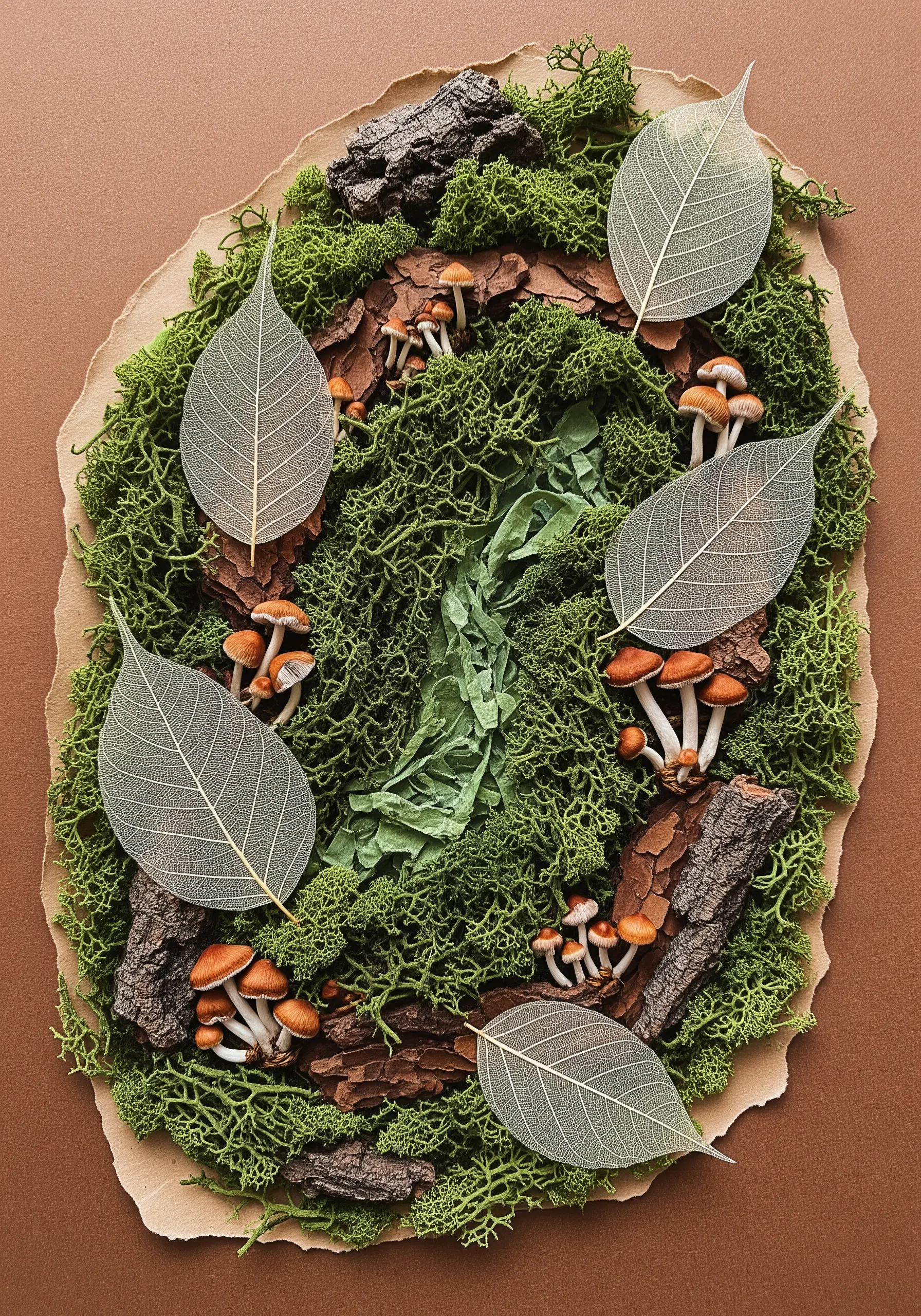 A forest floor collage with moss, bark, and mushrooms, with skeleton leaves attached.